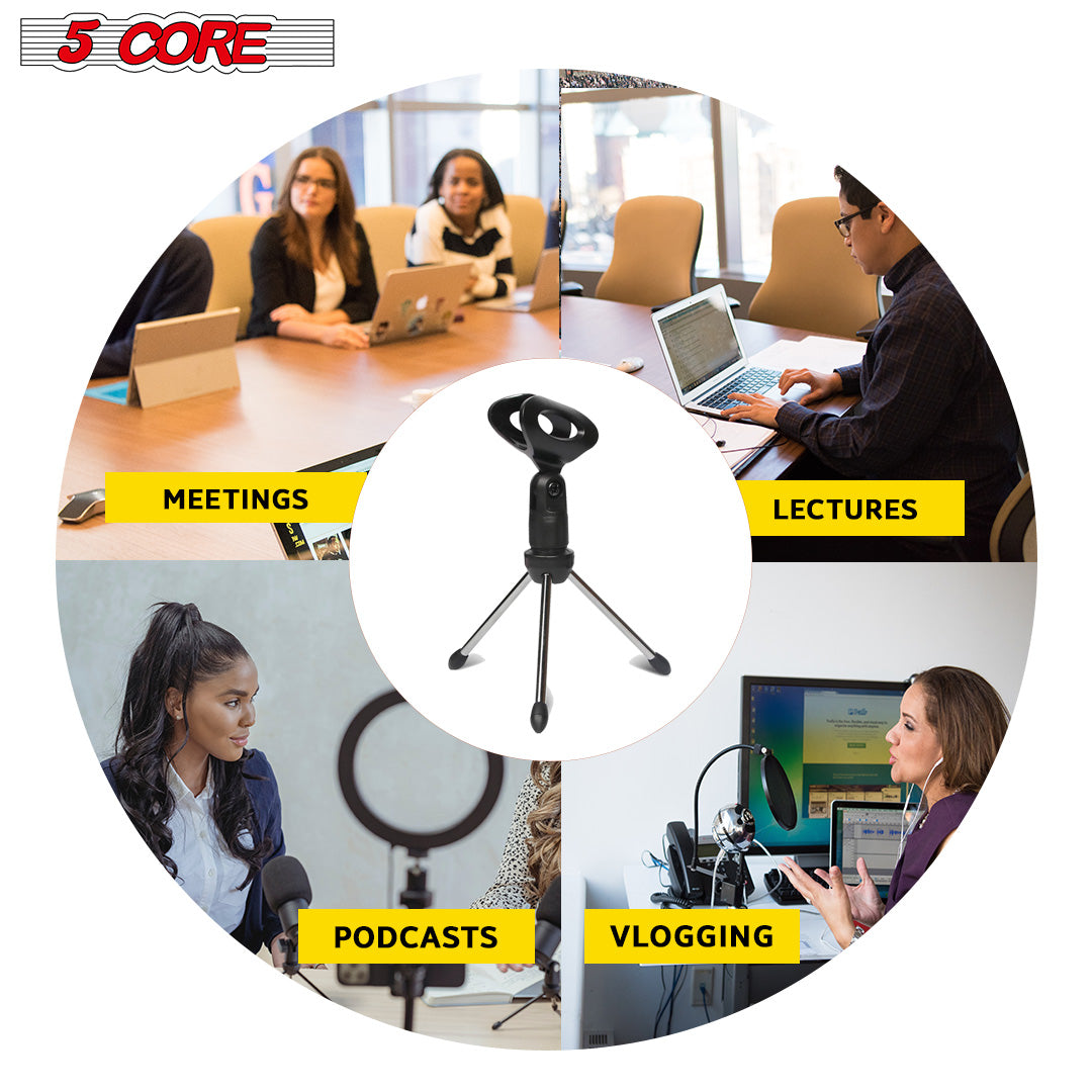 5 Core Desk Mic Stand with adjustable angle and tripod base, perfect for recording and streaming.