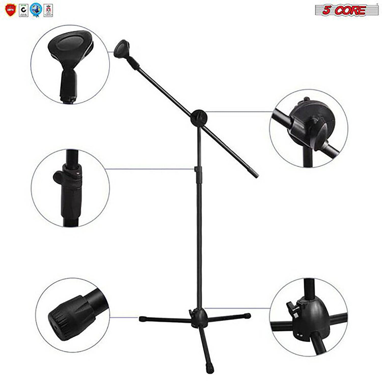 5 Core Dual Microphone Stand with a foldable tripod design, featuring a rugged steel construction and adjustable height for versatile use.