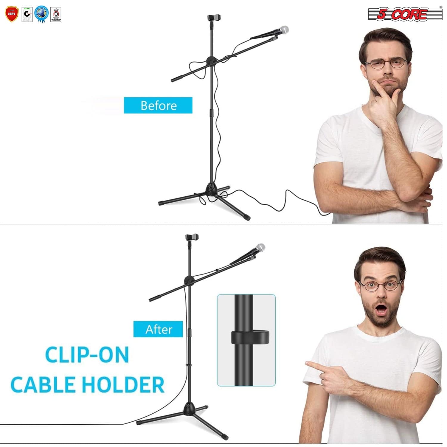 5 Core Dual Microphone Stand with a foldable tripod design, featuring a rugged steel construction and adjustable height for versatile use.