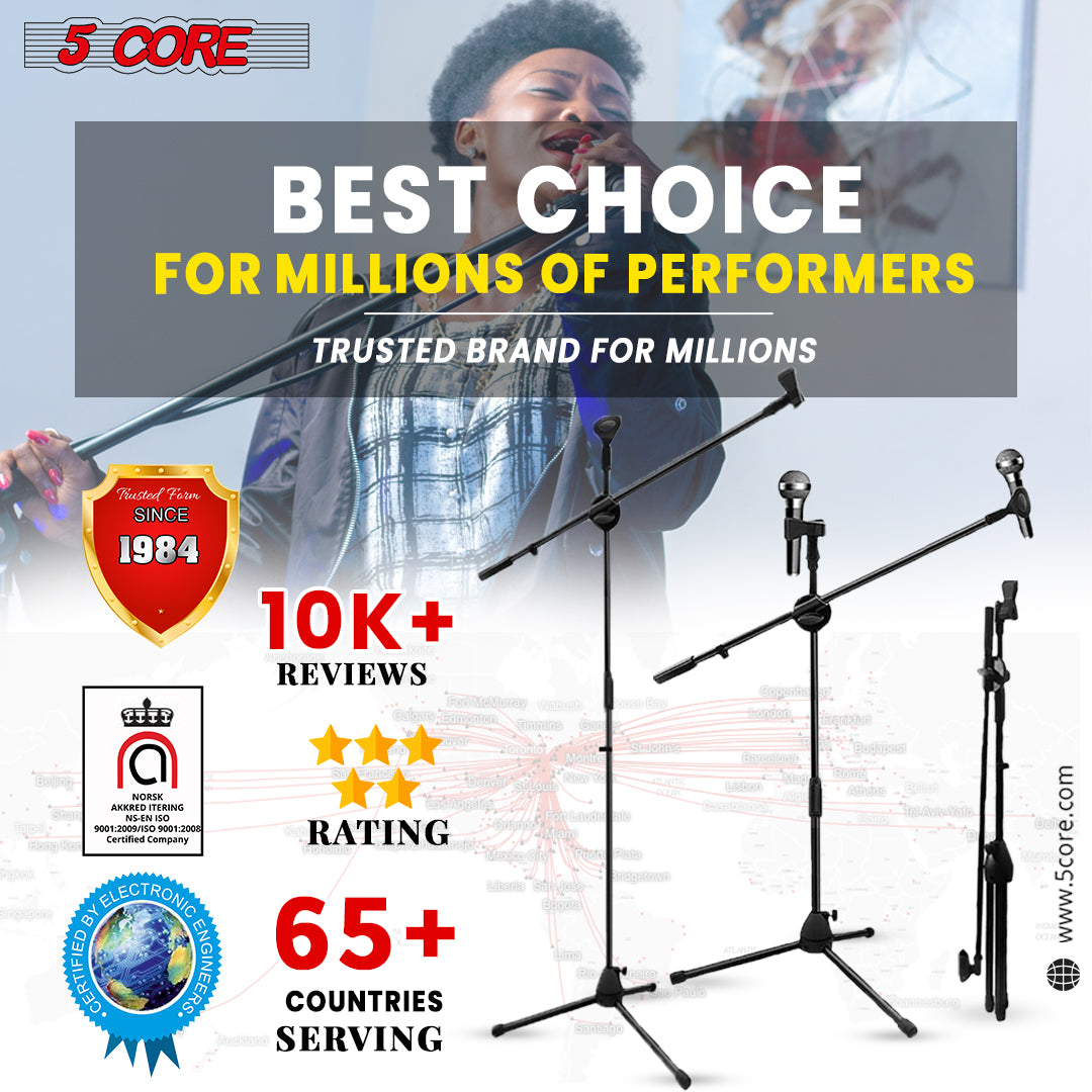 5 Core Dual Microphone Stand with a foldable tripod design, featuring a rugged steel construction and adjustable height for versatile use.