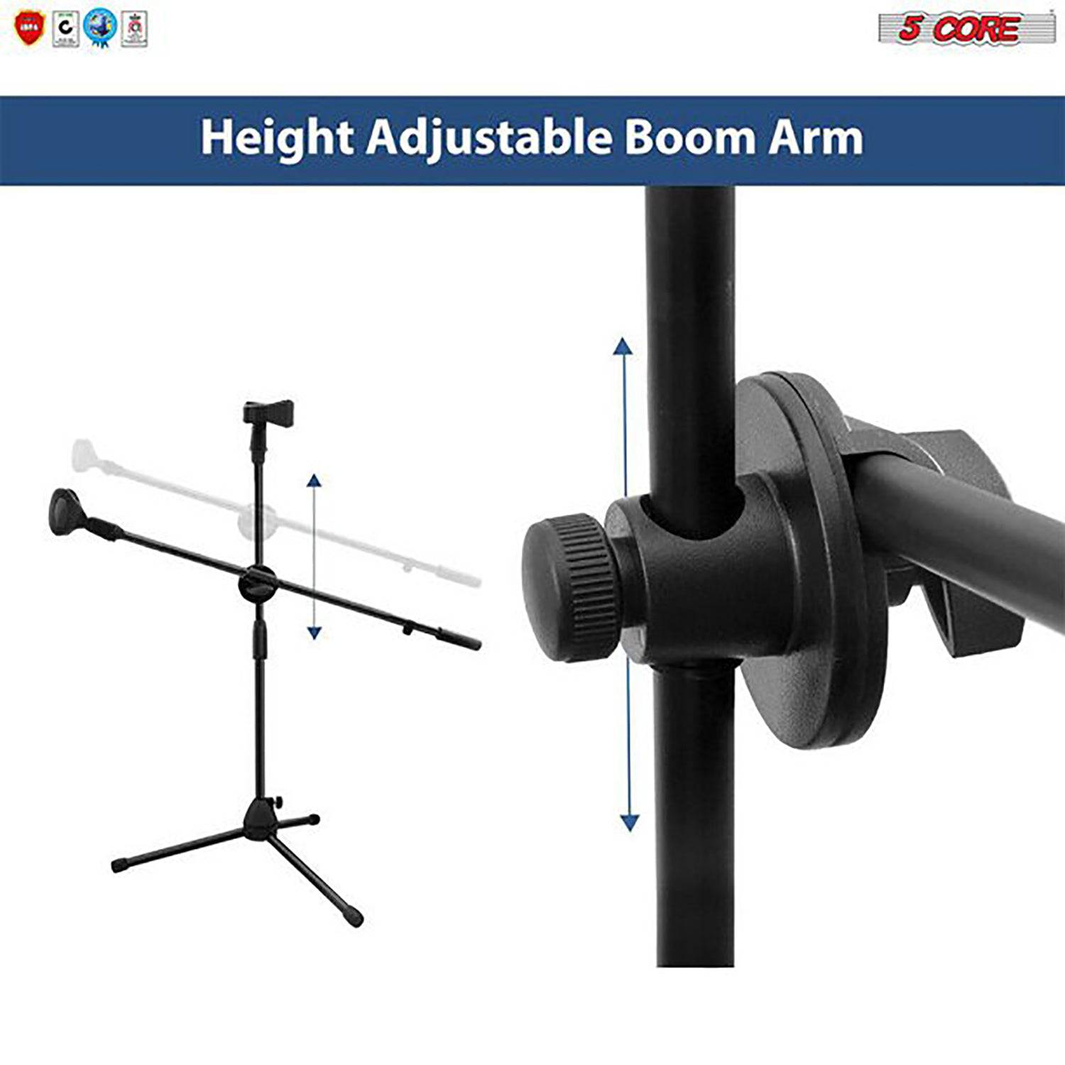 5 Core Dual Microphone Stand with a foldable tripod design, featuring a rugged steel construction and adjustable height for versatile use.