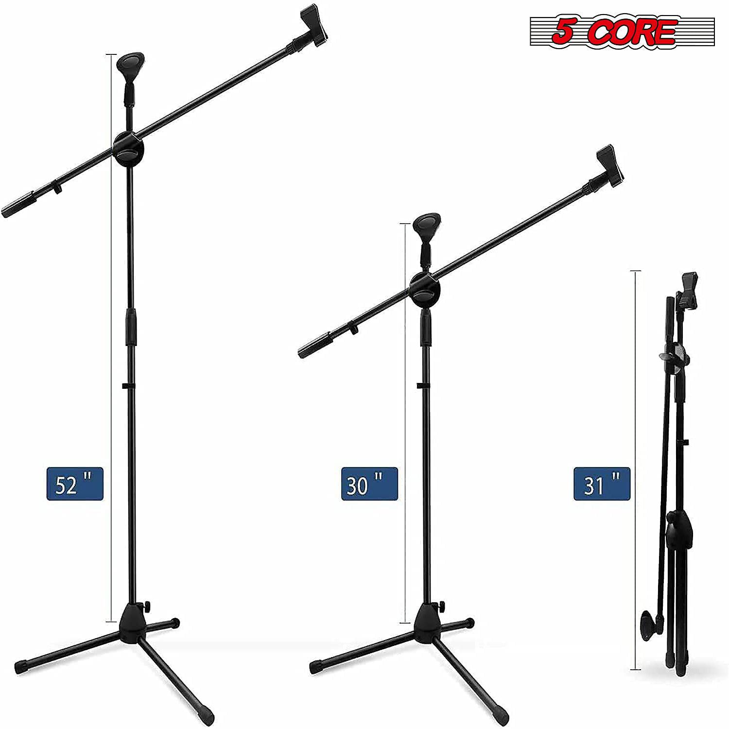 5 Core Dual Microphone Stand with a foldable tripod design, featuring a rugged steel construction and adjustable height for versatile use.