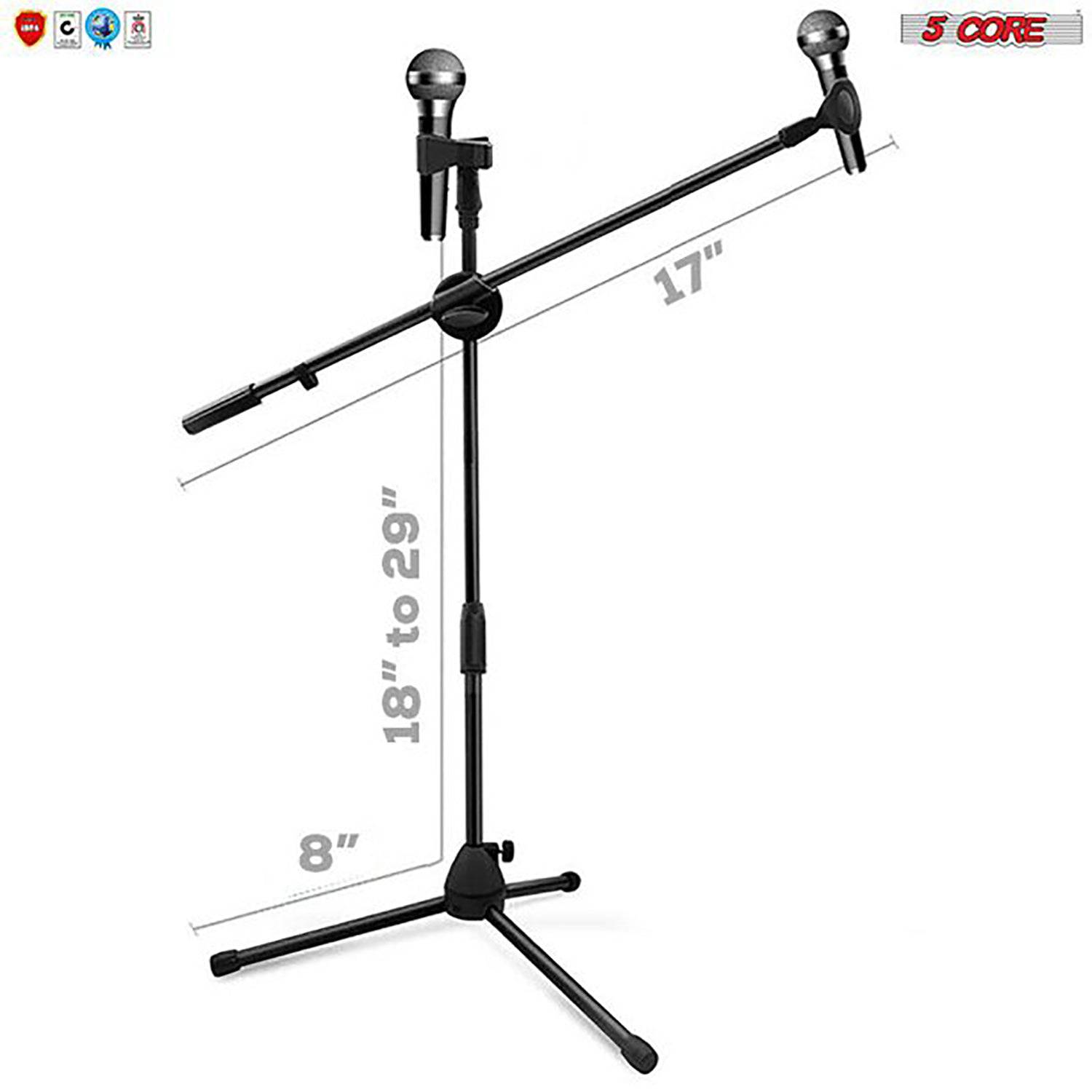 5 Core Dual Microphone Stand with a foldable tripod design, featuring a rugged steel construction and adjustable height for versatile use.