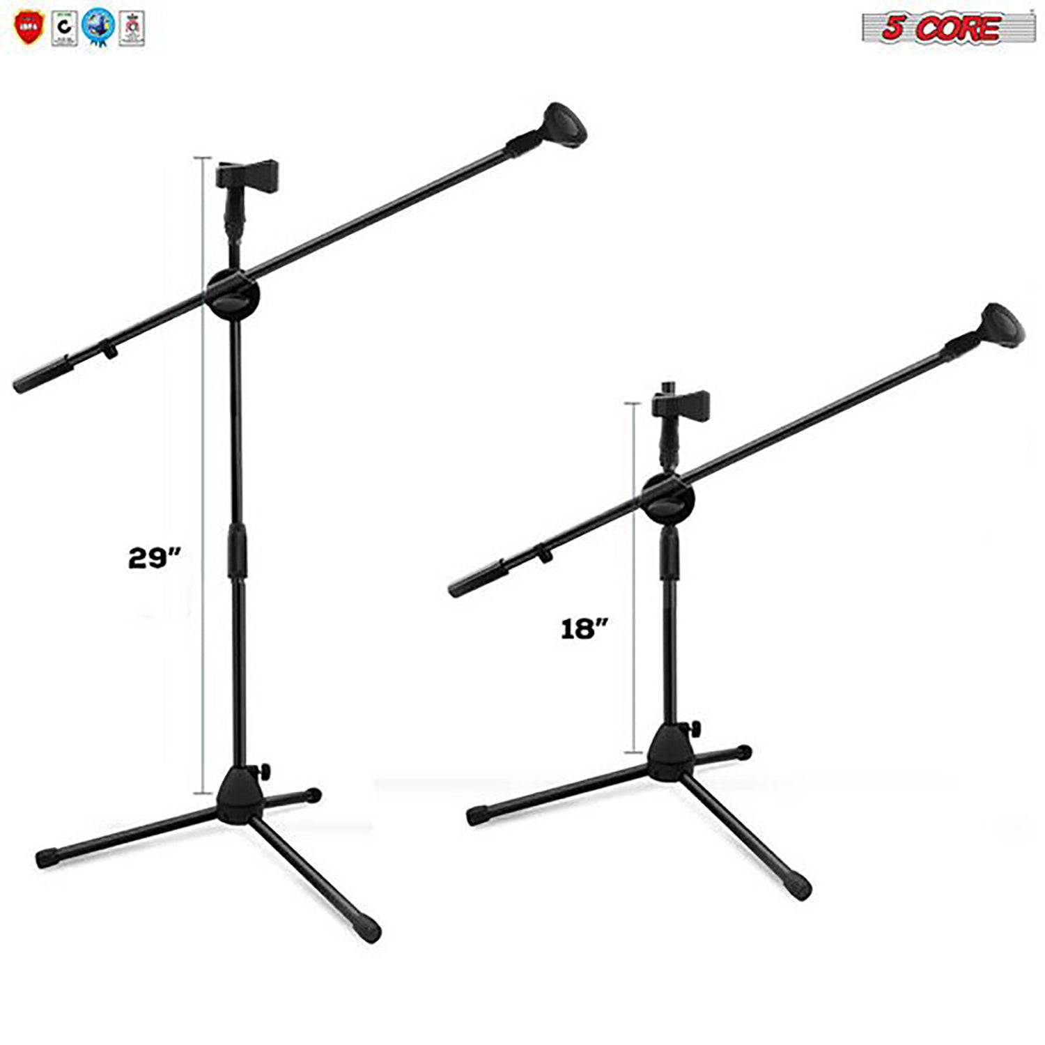 5 Core Dual Microphone Stand with a foldable tripod design, featuring a rugged steel construction and adjustable height for versatile use.