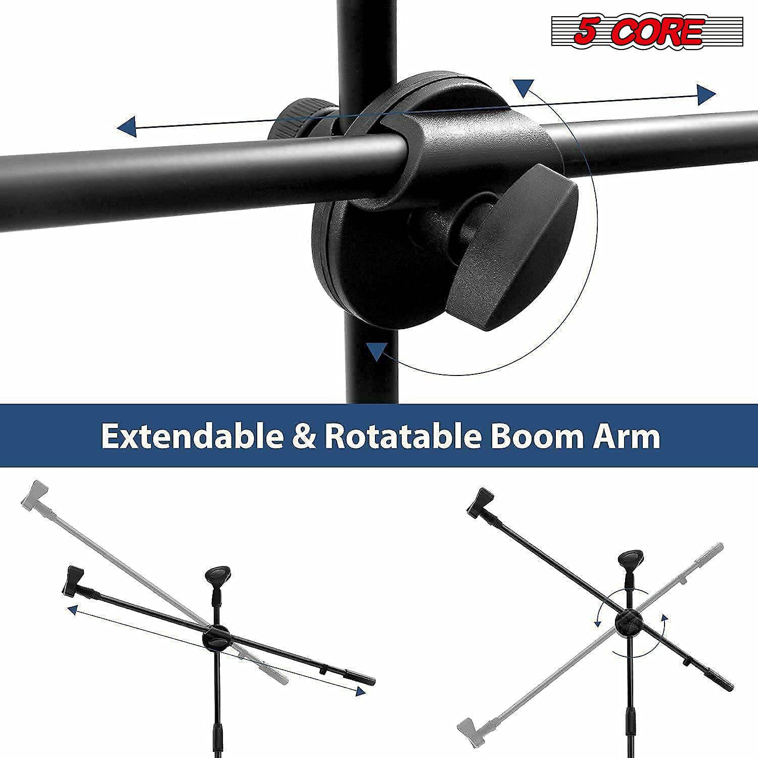 5 Core Dual Microphone Stand with a foldable tripod design, featuring a rugged steel construction and adjustable height for versatile use.