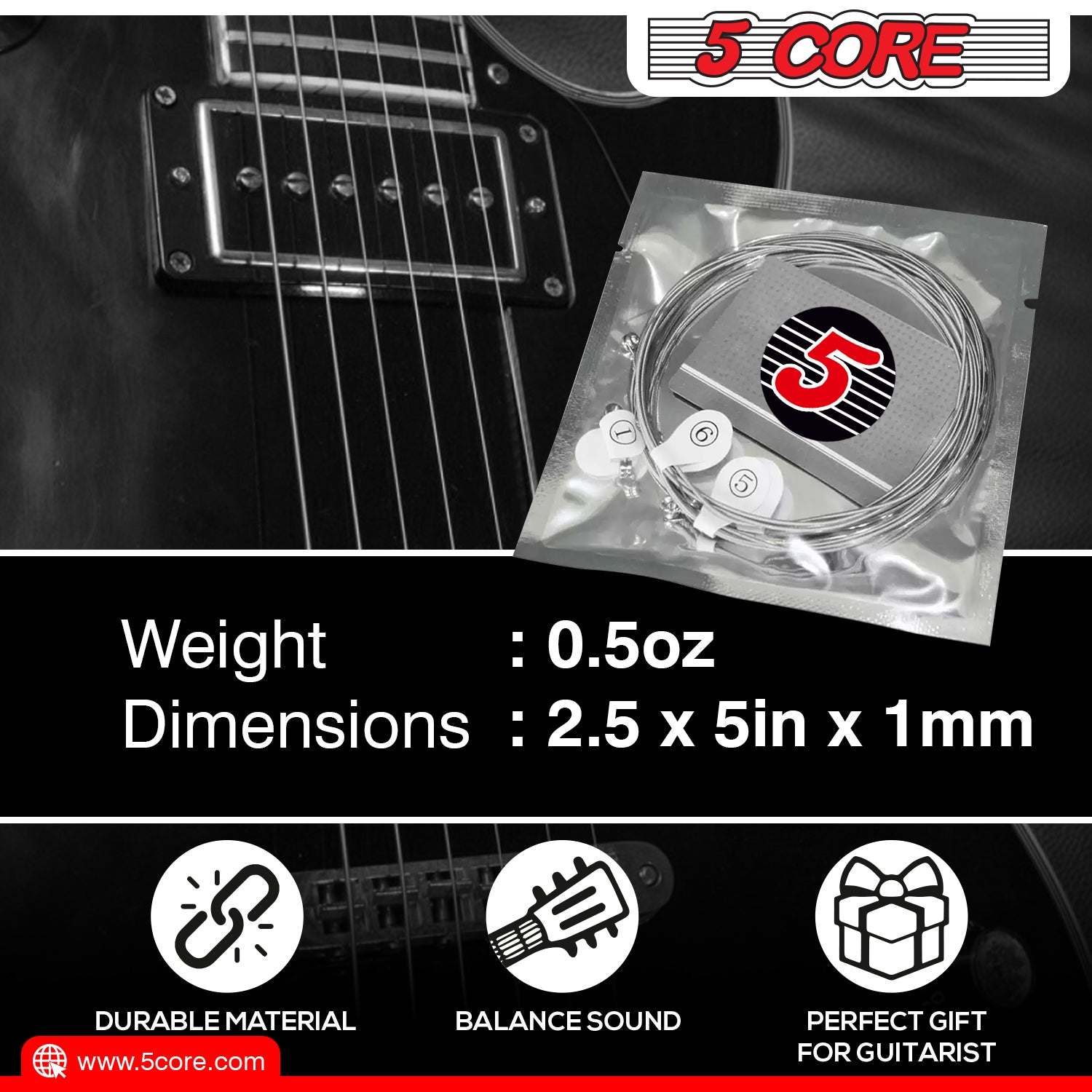 5 Core Electric Guitar Strings in a pack, featuring pure nickel construction and hex core design for enhanced performance.