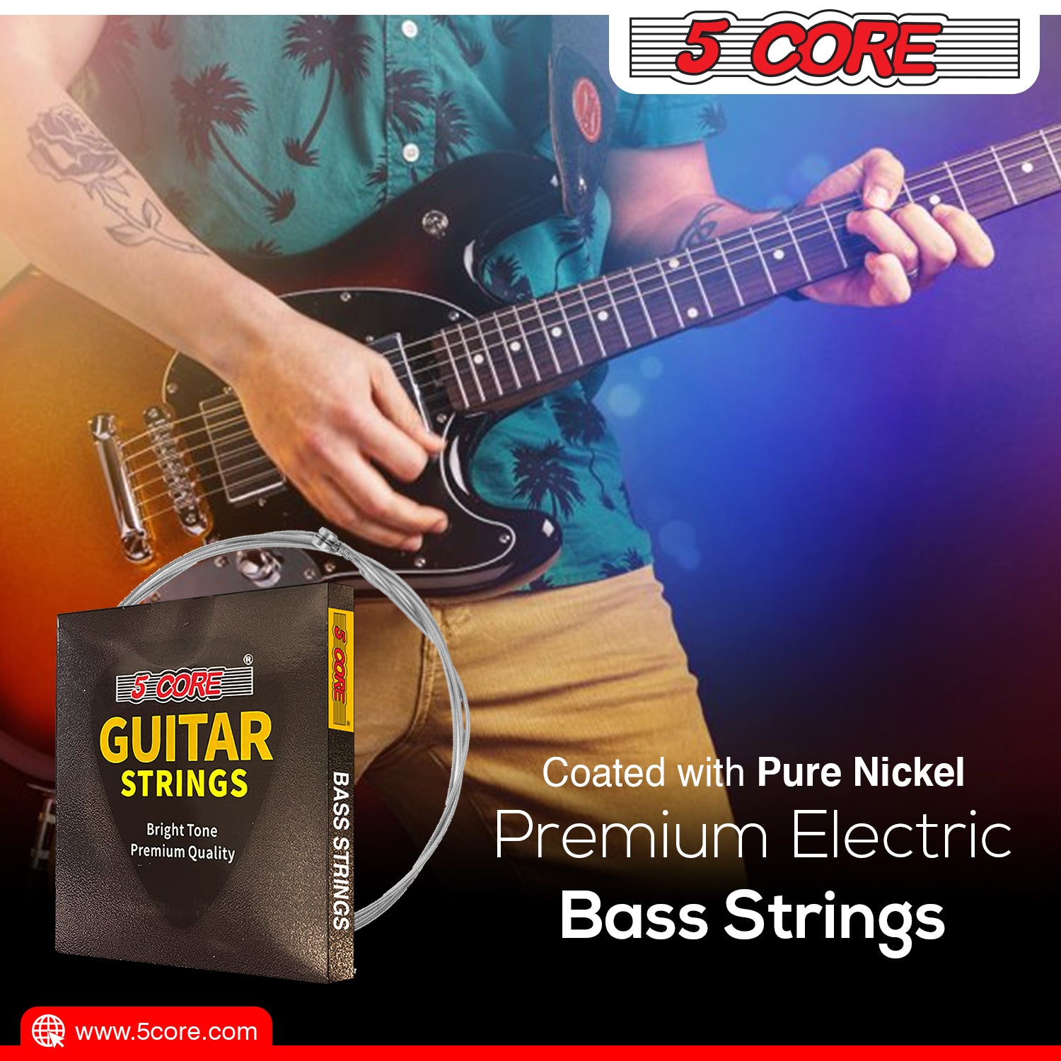 5 Core Electric Guitar Strings in a pack, featuring pure nickel construction and hex core design for enhanced performance.