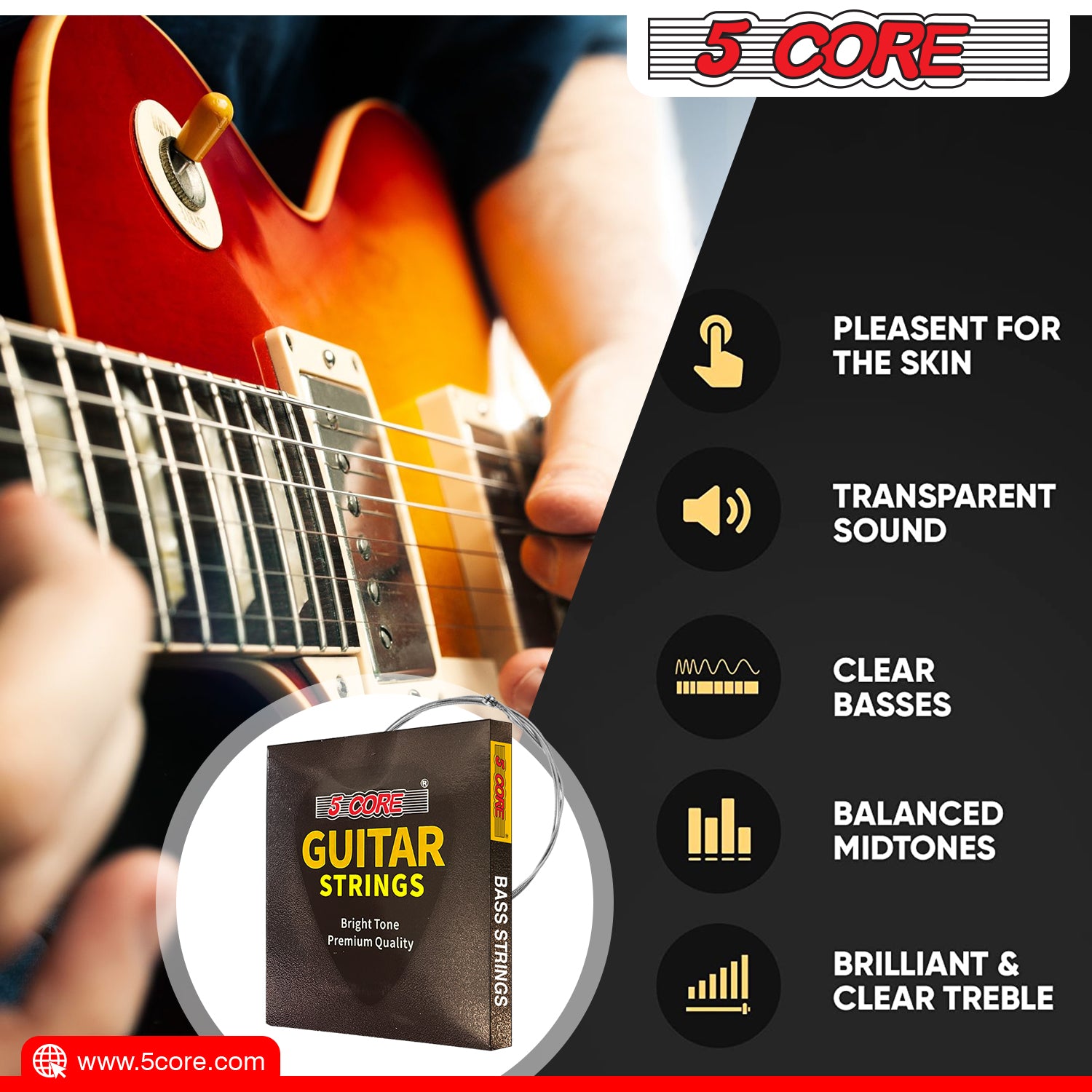 5 Core Electric Guitar Strings in a pack, featuring pure nickel construction and a gauge of .010-.048, designed for bright tone and durability.