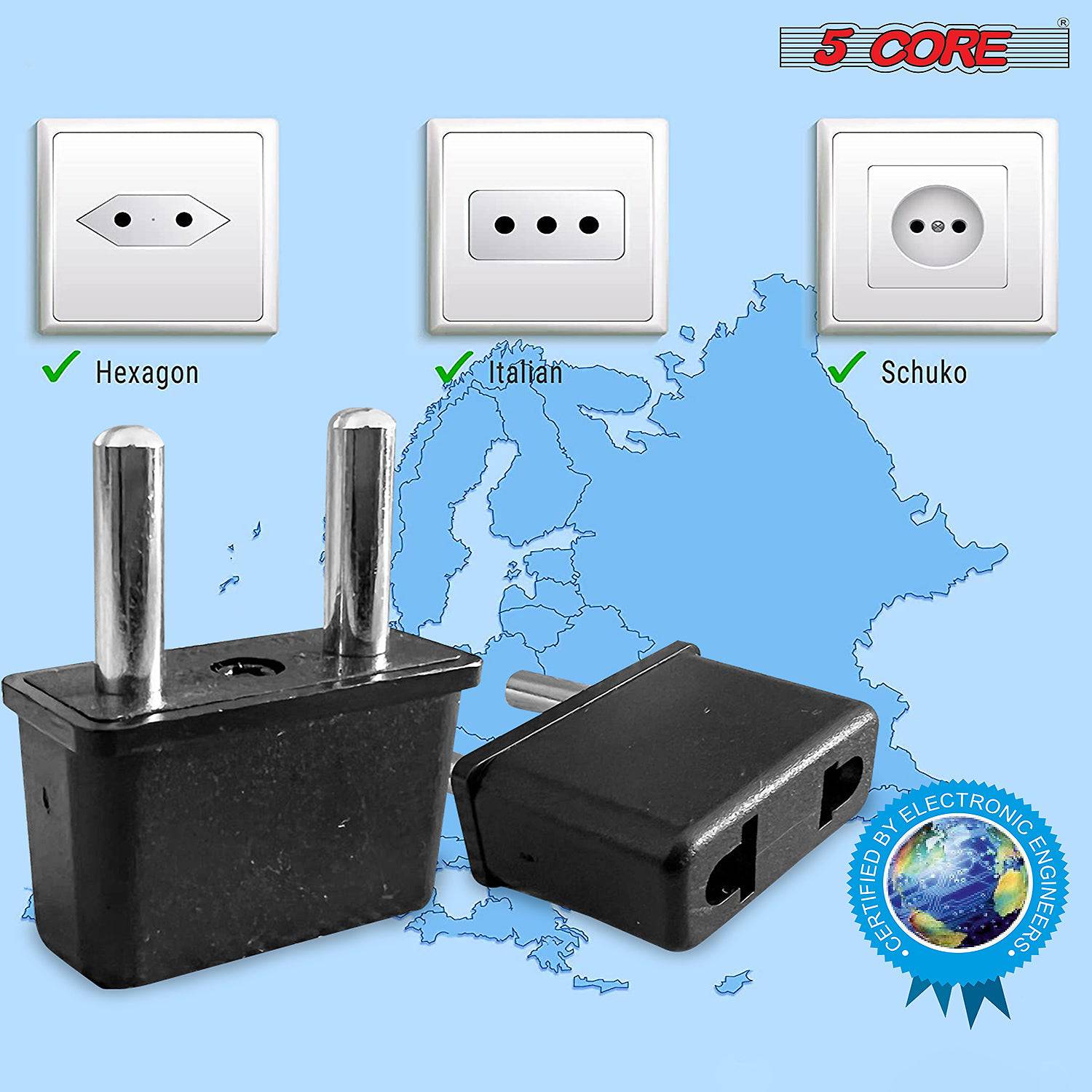 5 Core European Travel Plug Adapter set with six adapters for US to EU compatibility, featuring a compact design and safety certifications.