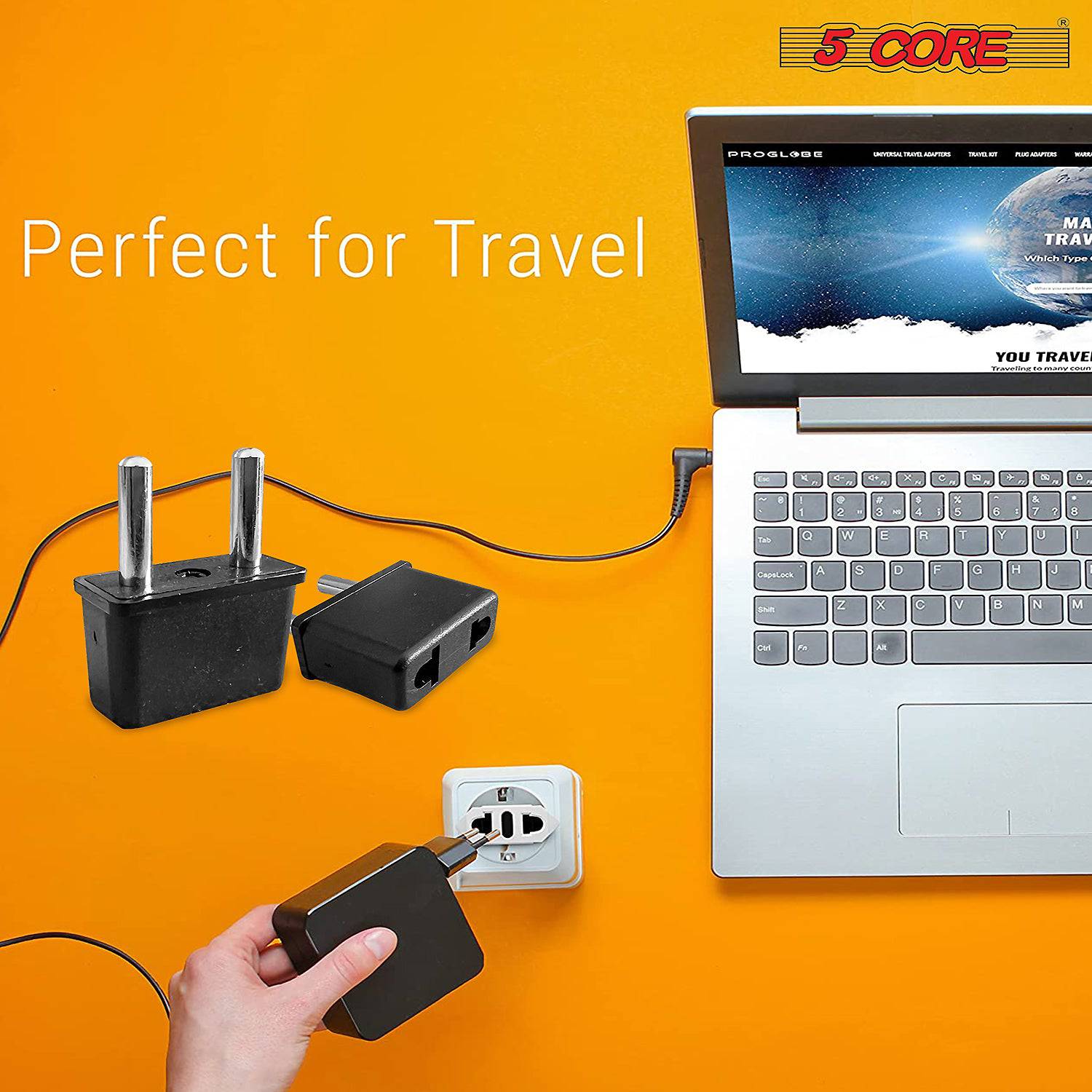 5 Core European Travel Plug Adapter set with six adapters for US to EU compatibility, featuring a compact design and safety certifications.