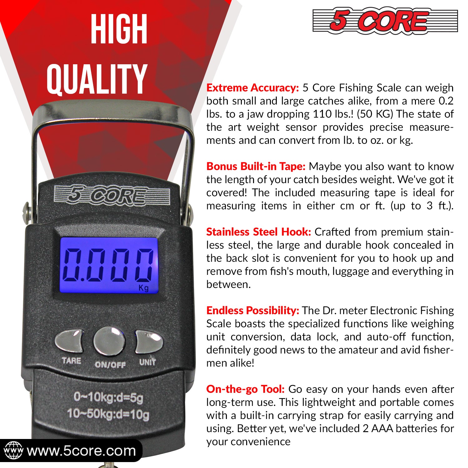 5 Core Fish Scales Digital Weight with built-in measuring tape and stainless steel hook, designed for accurate weighing up to 110lb.