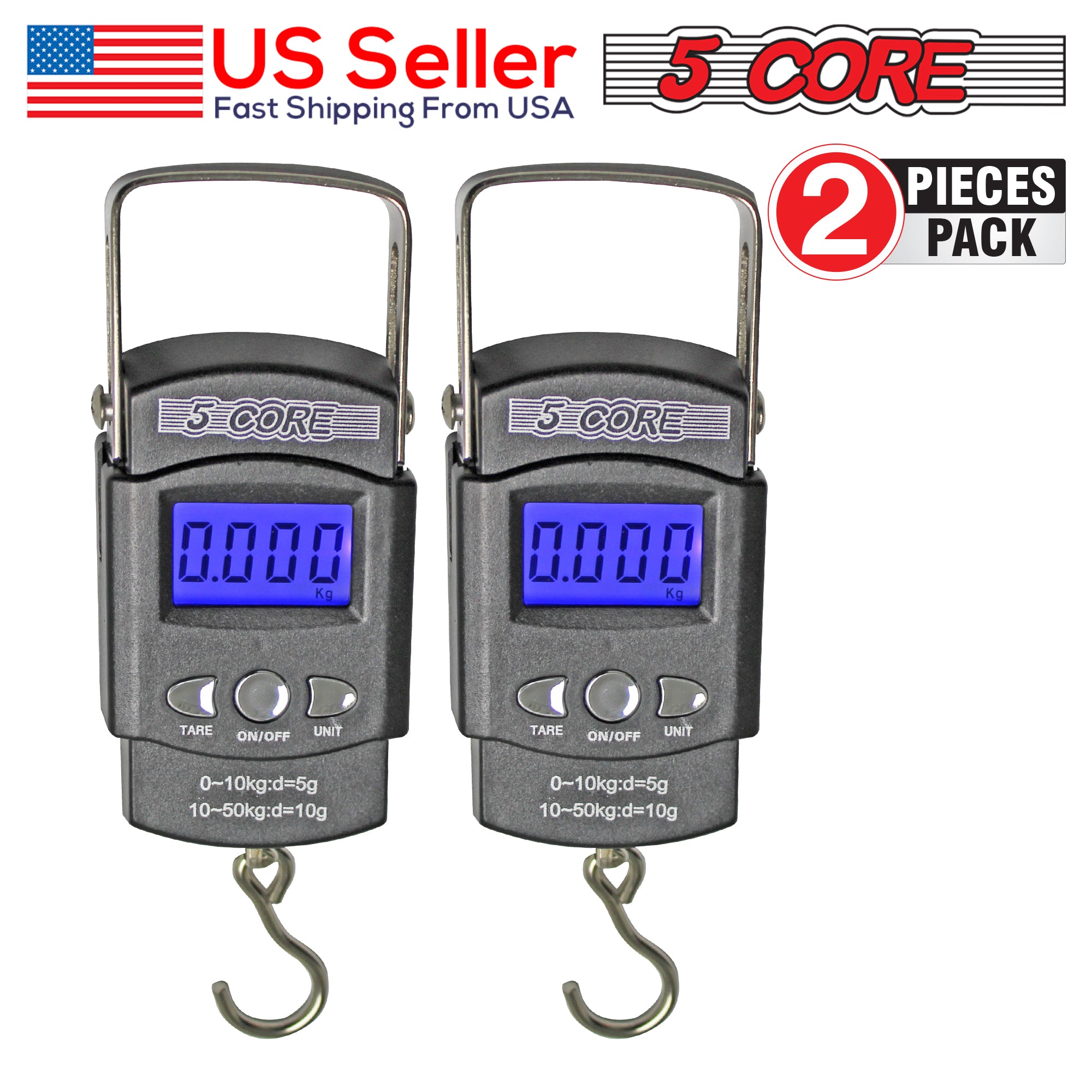 5 Core Fish Scales Digital Weight with built-in measuring tape and stainless steel hook, designed for accurate weighing up to 110lb.