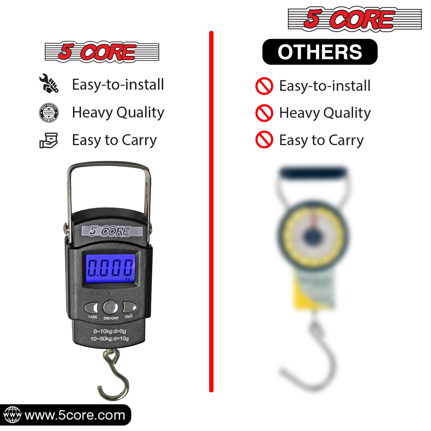 5 Core Fish Scales Digital Weight with built-in measuring tape and stainless steel hook, designed for accurate weighing up to 110lb.