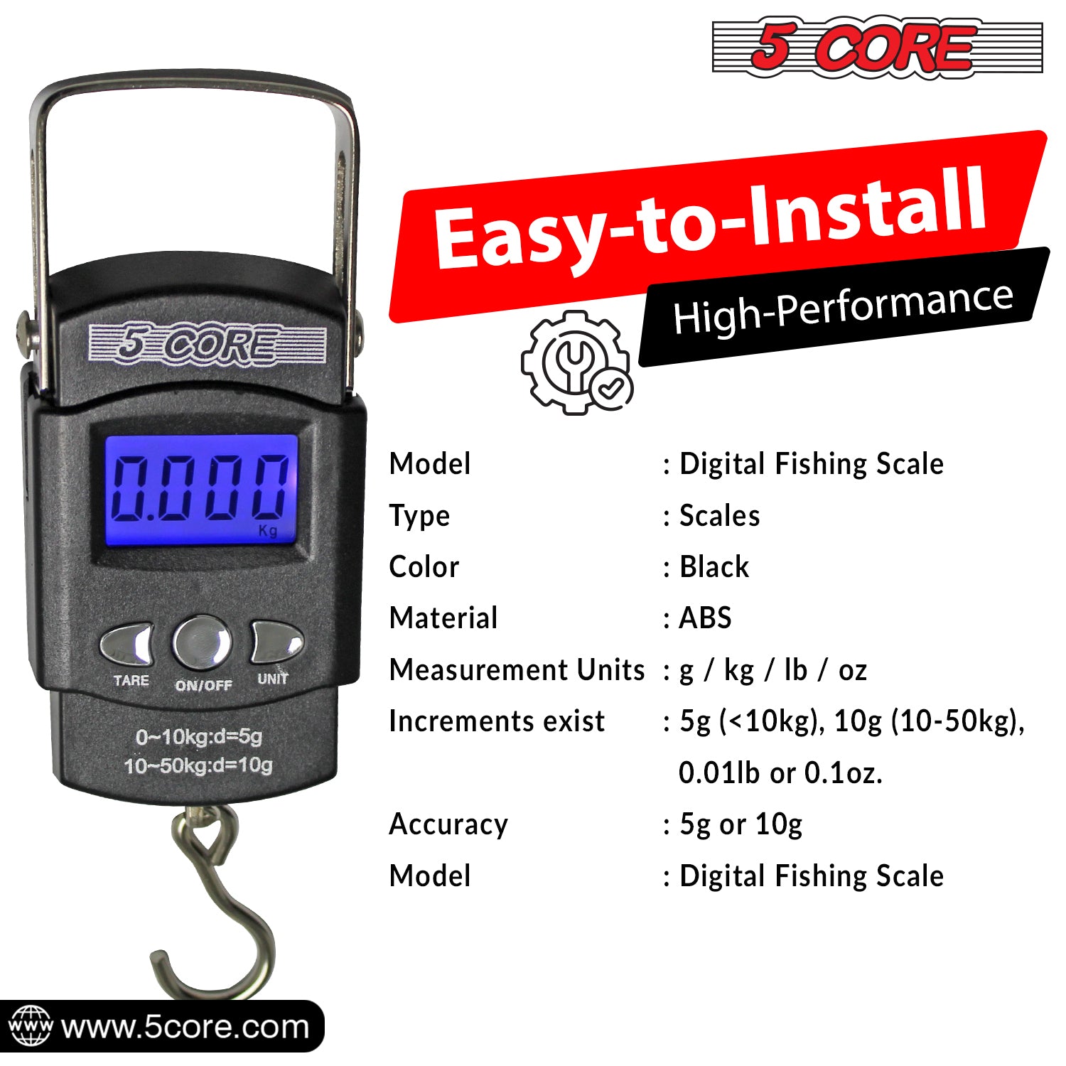 5 Core Fish Scales Digital Weight with built-in measuring tape and stainless steel hook, designed for accurate weighing up to 110lb.