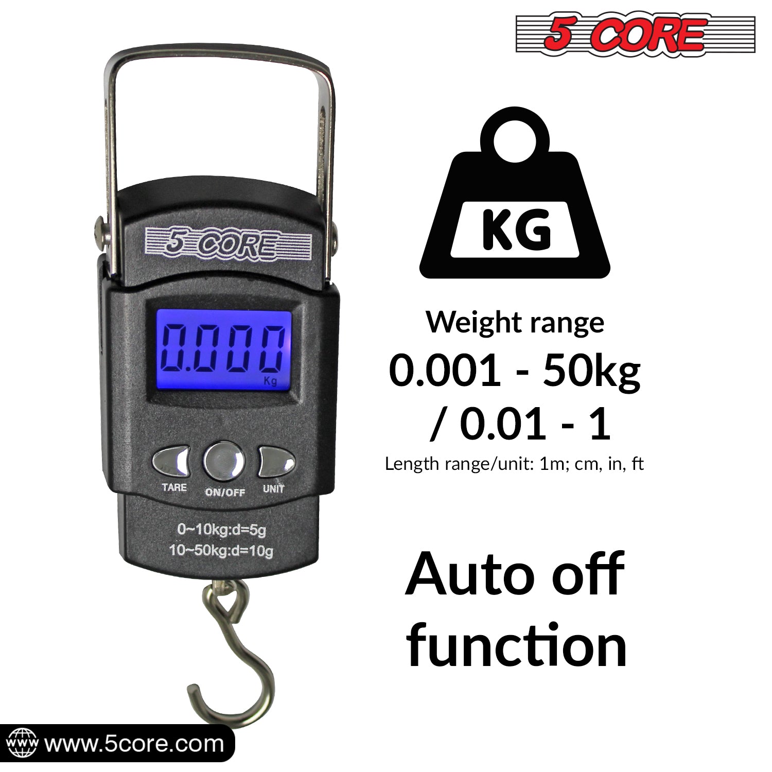 5 Core Fish Scales Digital Weight with built-in measuring tape and stainless steel hook, designed for accurate weighing up to 110lb.