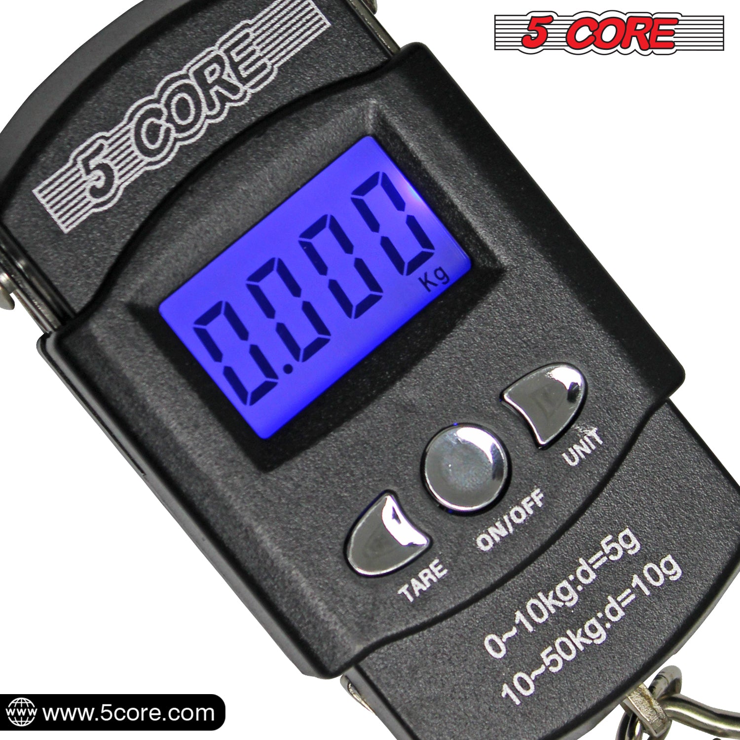 5 Core Fish Scales Digital Weight with built-in measuring tape and stainless steel hook, designed for accurate weighing up to 110lb.