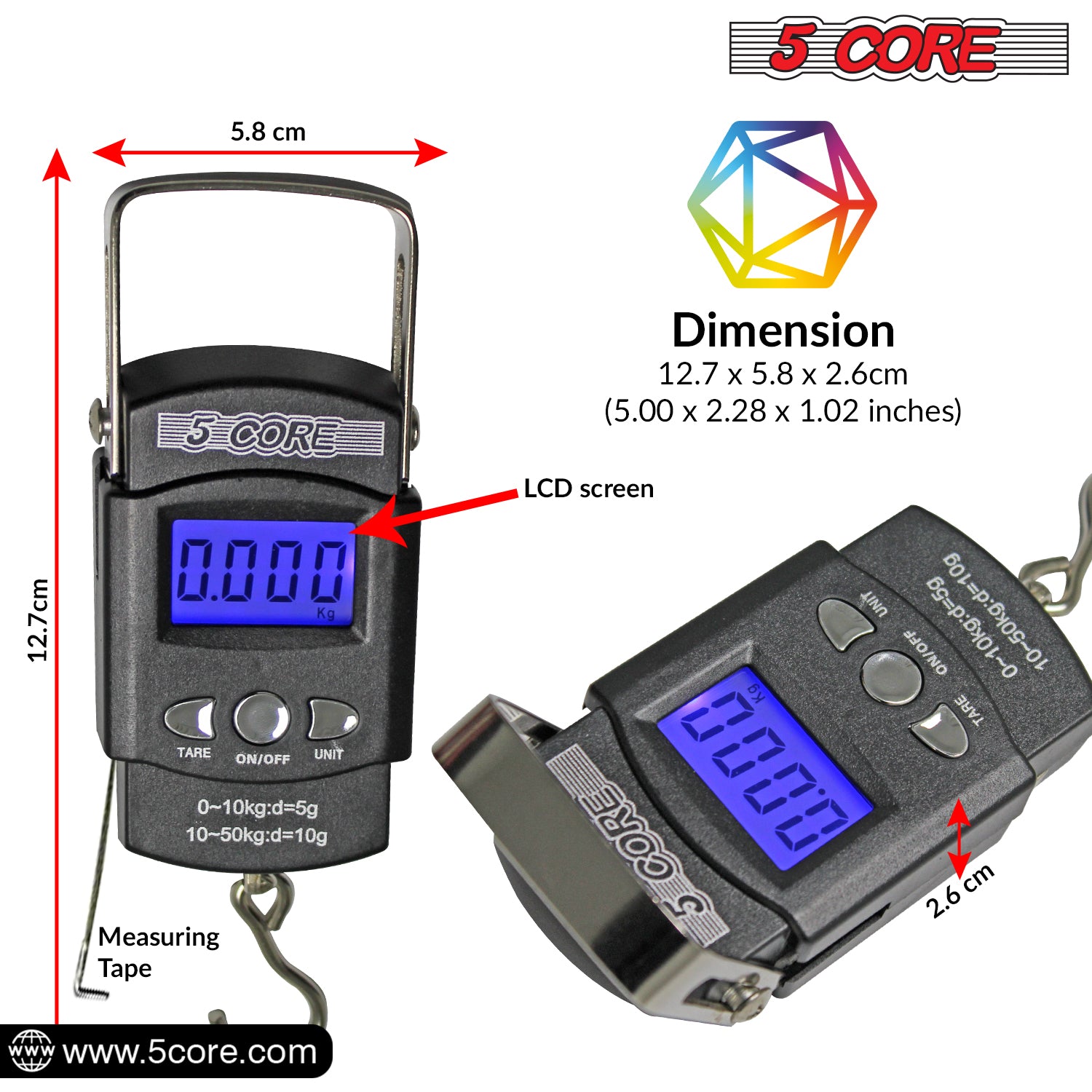 5 Core Fish Scales Digital Weight with built-in measuring tape and stainless steel hook, designed for accurate weighing up to 110lb.