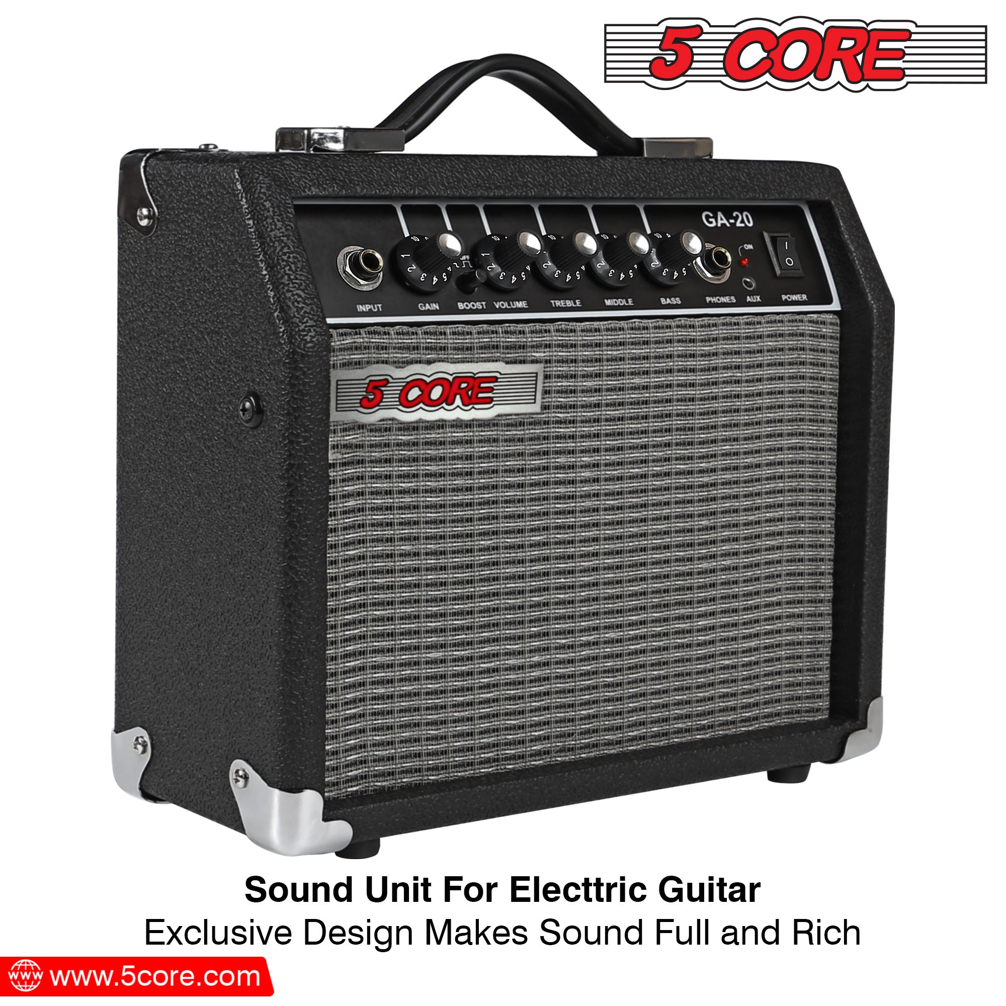 5 Core 20W Bass Guitar Amp showcasing its compact design and integrated controls for electric and acoustic guitars.