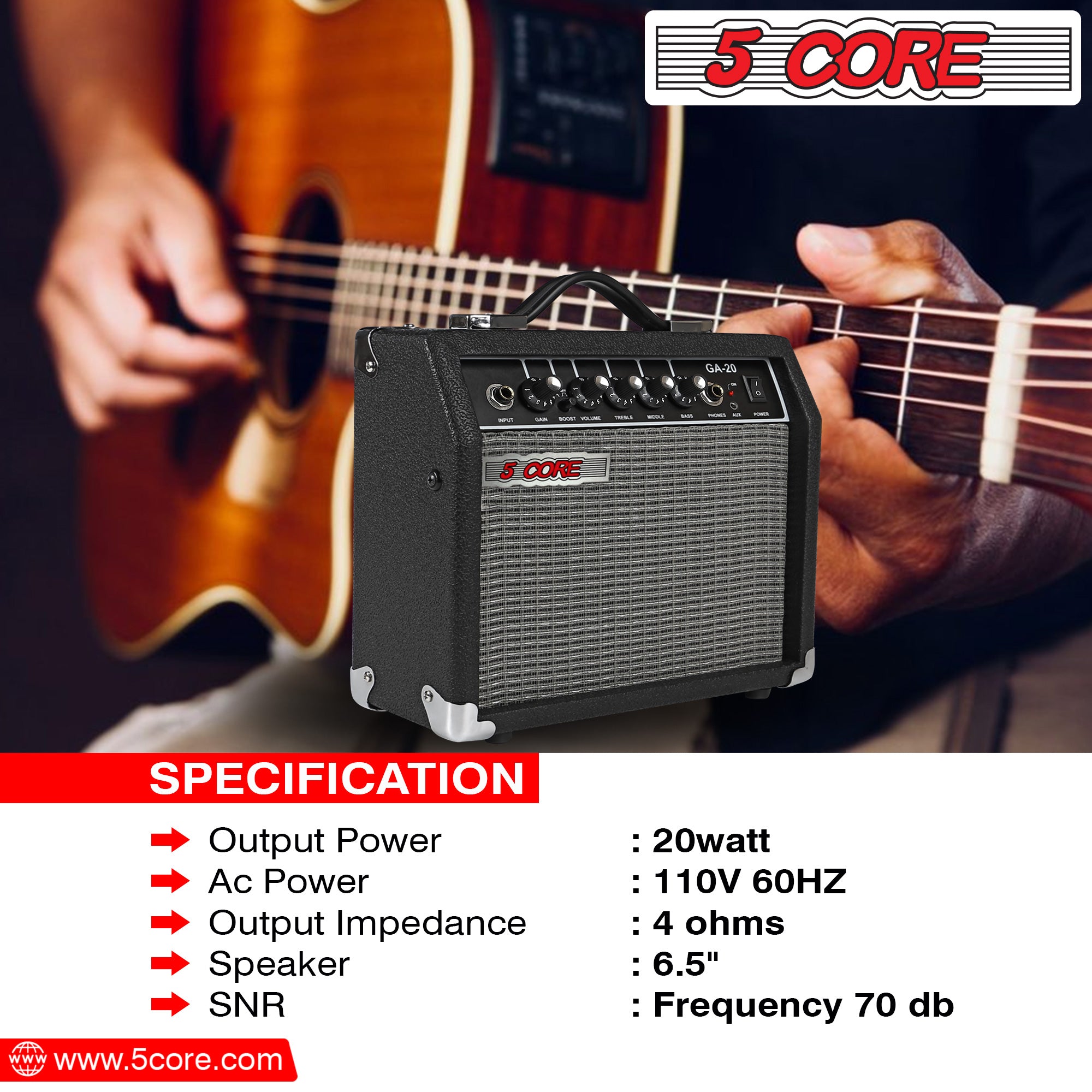 5 Core 20W Bass Guitar Amp showcasing its compact design and integrated controls for electric and acoustic guitars.