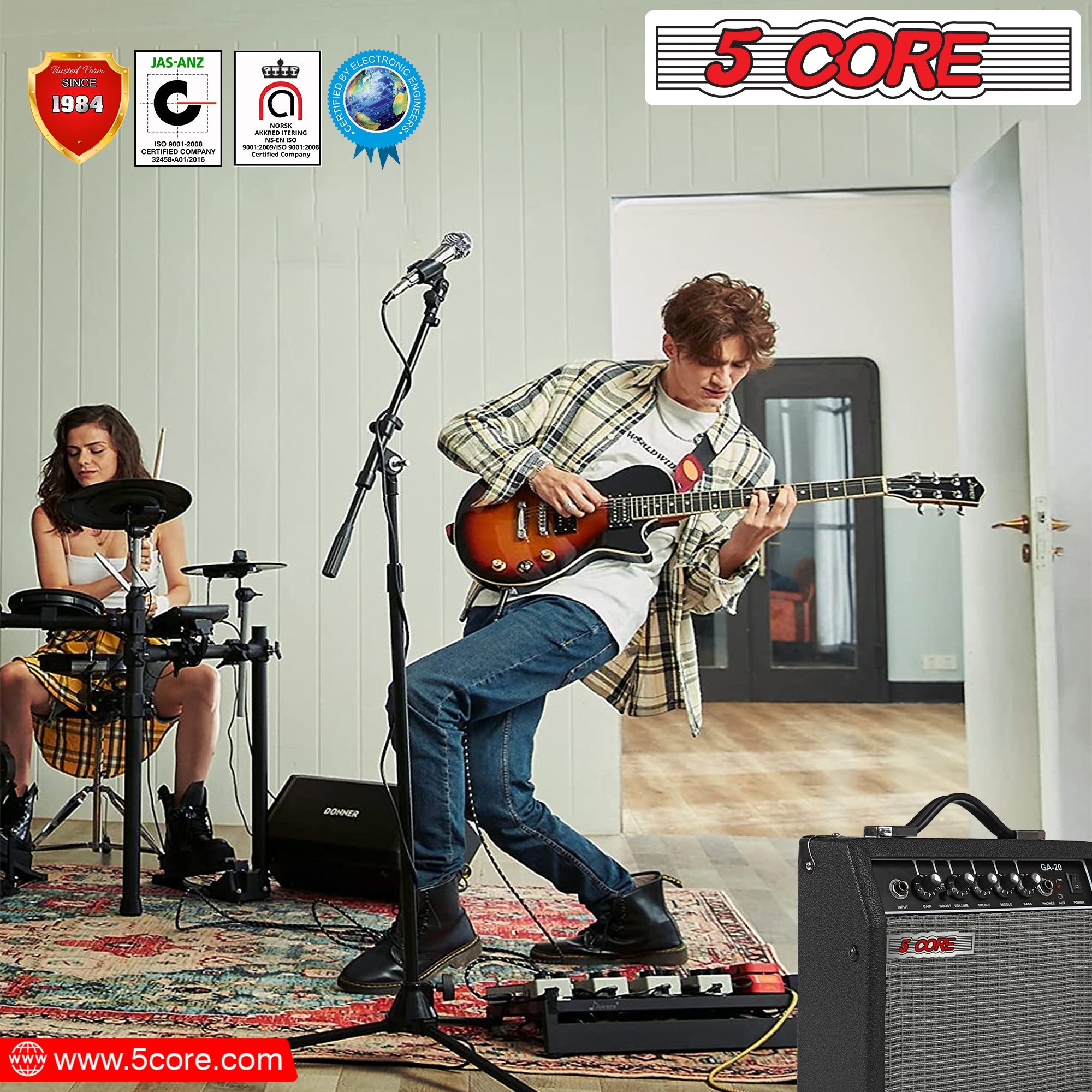 5 Core 20W Bass Guitar Amp showcasing its compact design and integrated controls for electric and acoustic guitars.