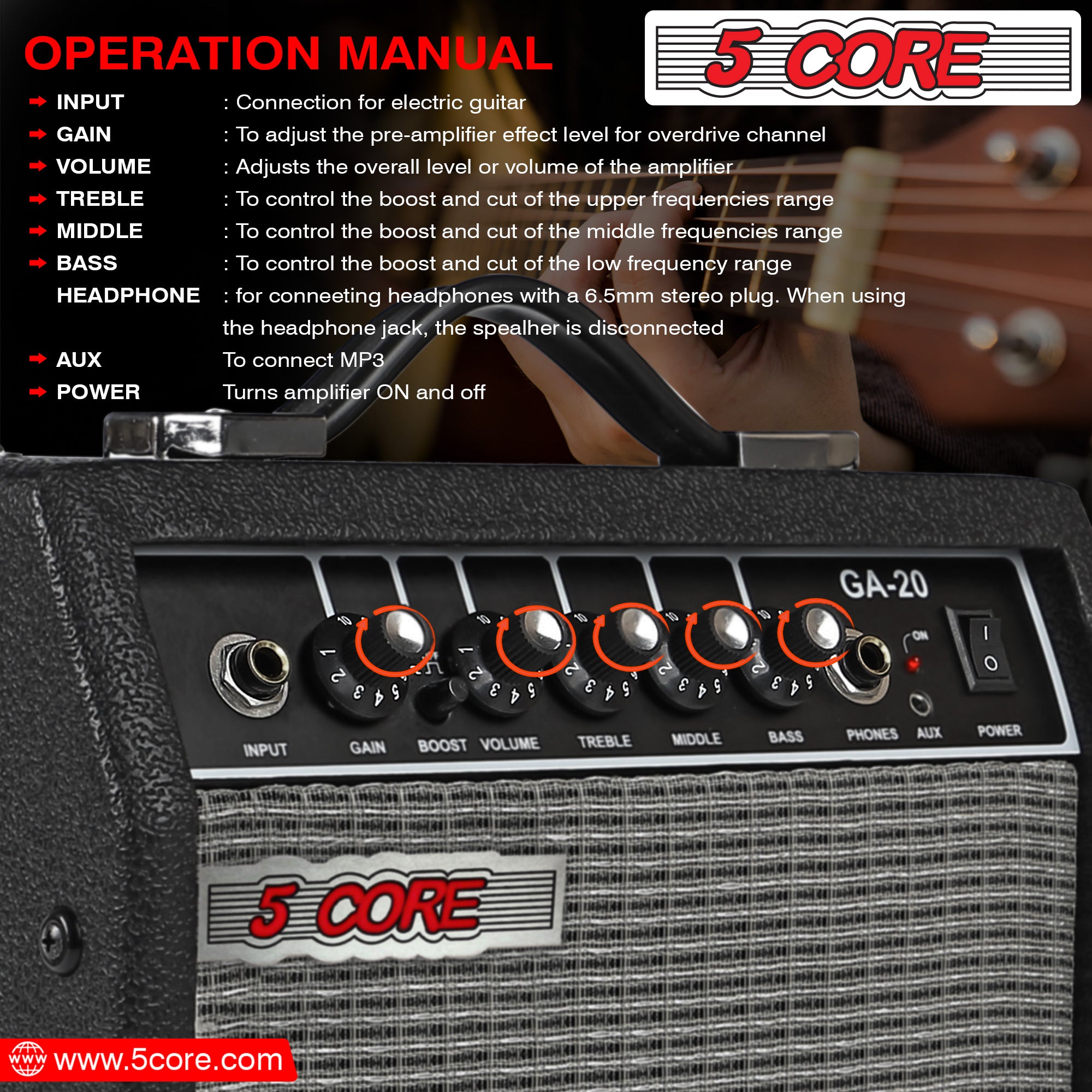 5 Core 20W Bass Guitar Amp showcasing its compact design and integrated controls for electric and acoustic guitars.