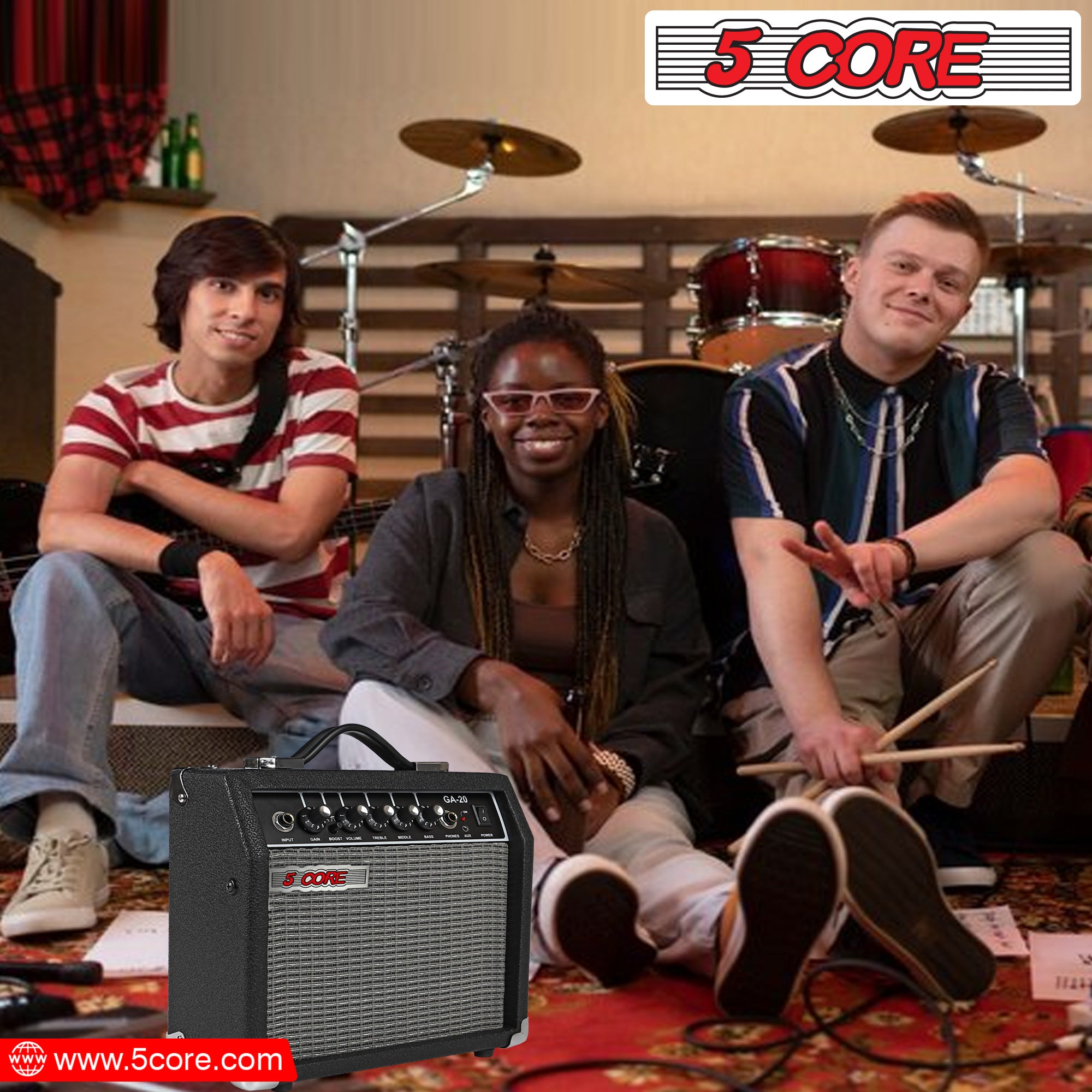 5 Core 20W Bass Guitar Amp showcasing its compact design and integrated controls for electric and acoustic guitars.