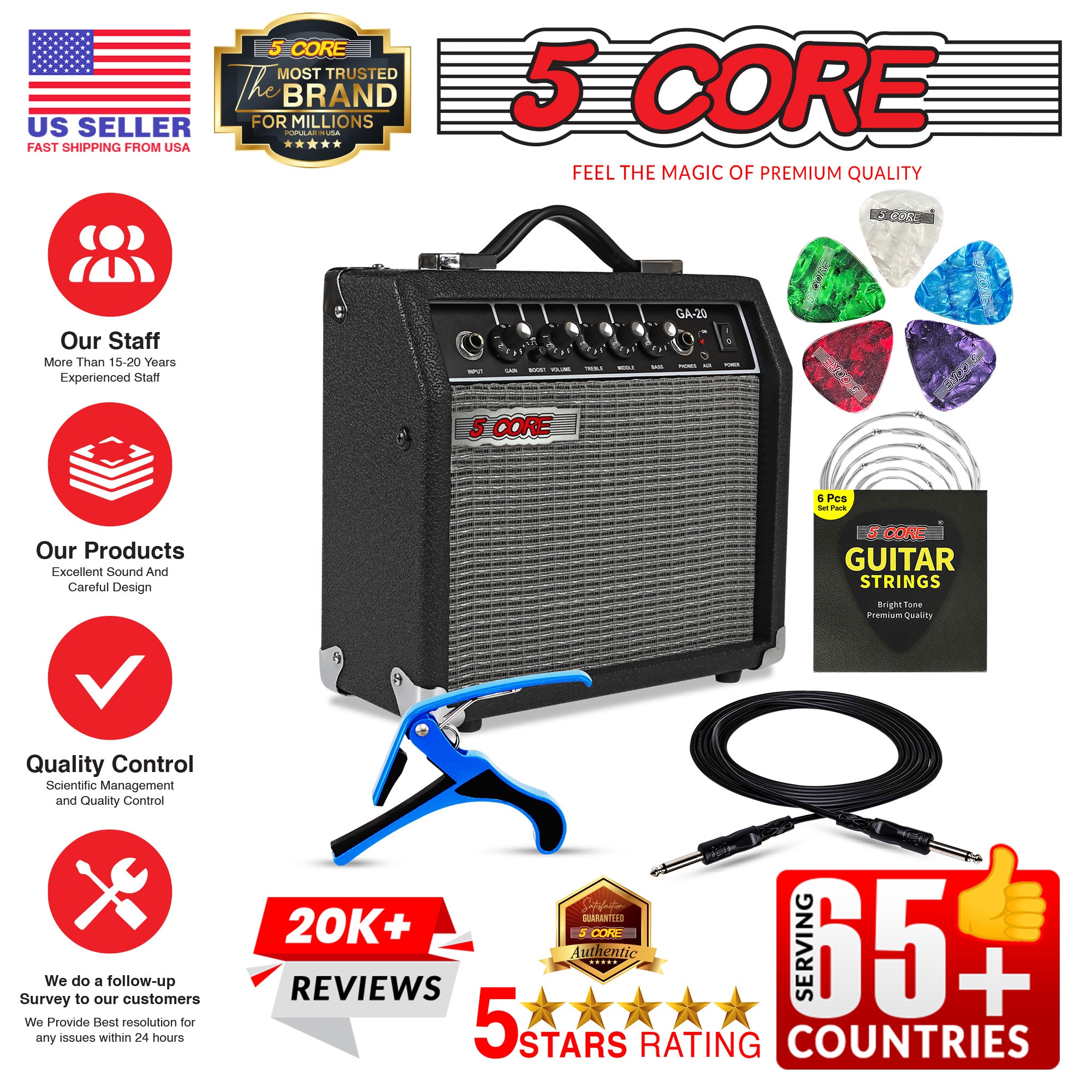 5 Core 20W Bass Guitar Amp showcasing its compact design and integrated controls for electric and acoustic guitars.