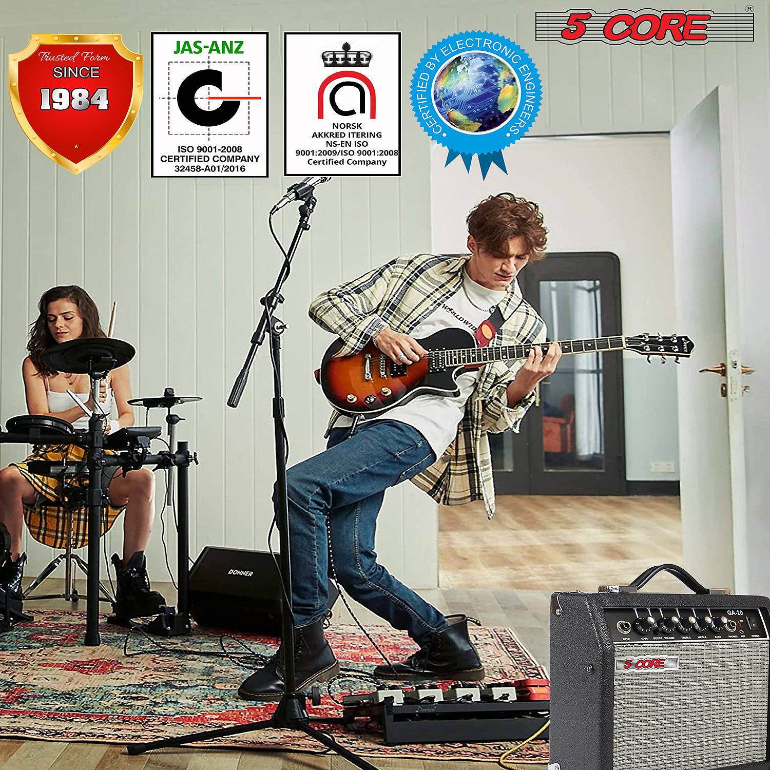 5 Core 20W Bass Guitar Amp showcasing its compact design and integrated controls for electric and acoustic guitars.