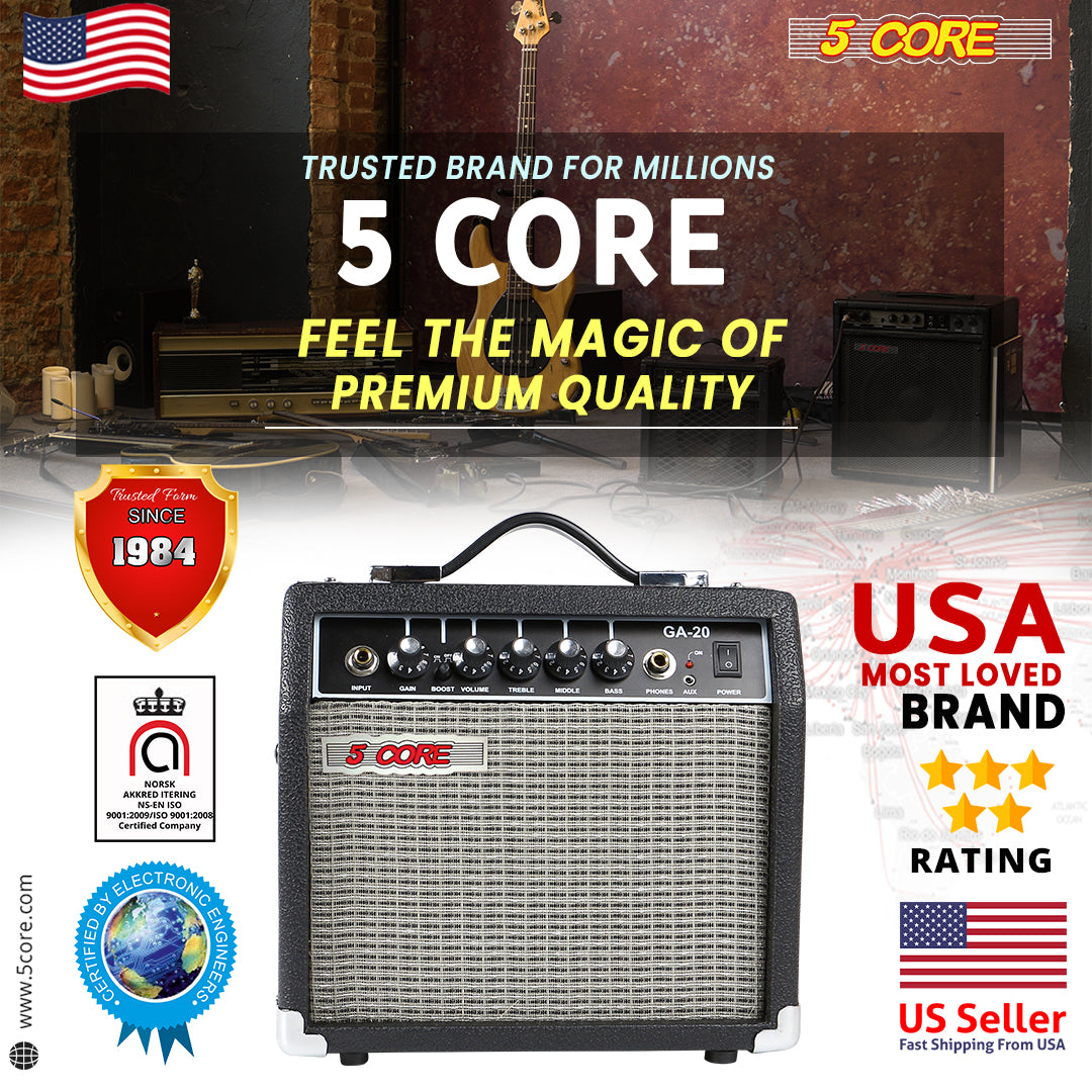 5 Core 20W Bass Guitar Amp showcasing its compact design and integrated controls for electric and acoustic guitars.