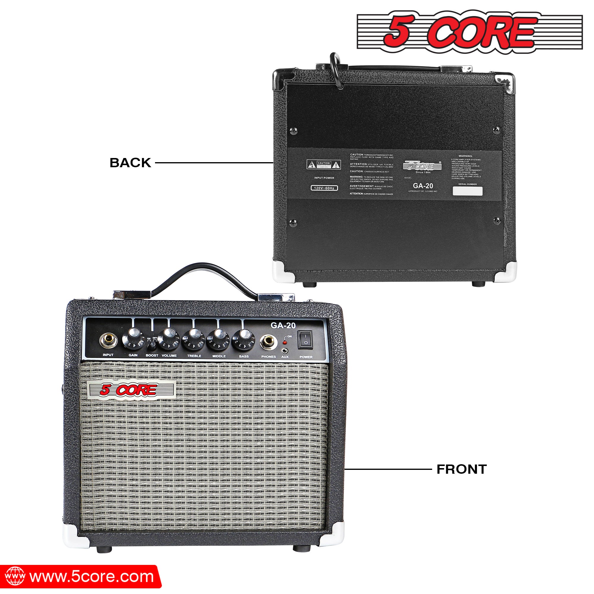 5 Core 20W Bass Guitar Amp showcasing its compact design and integrated controls for electric and acoustic guitars.