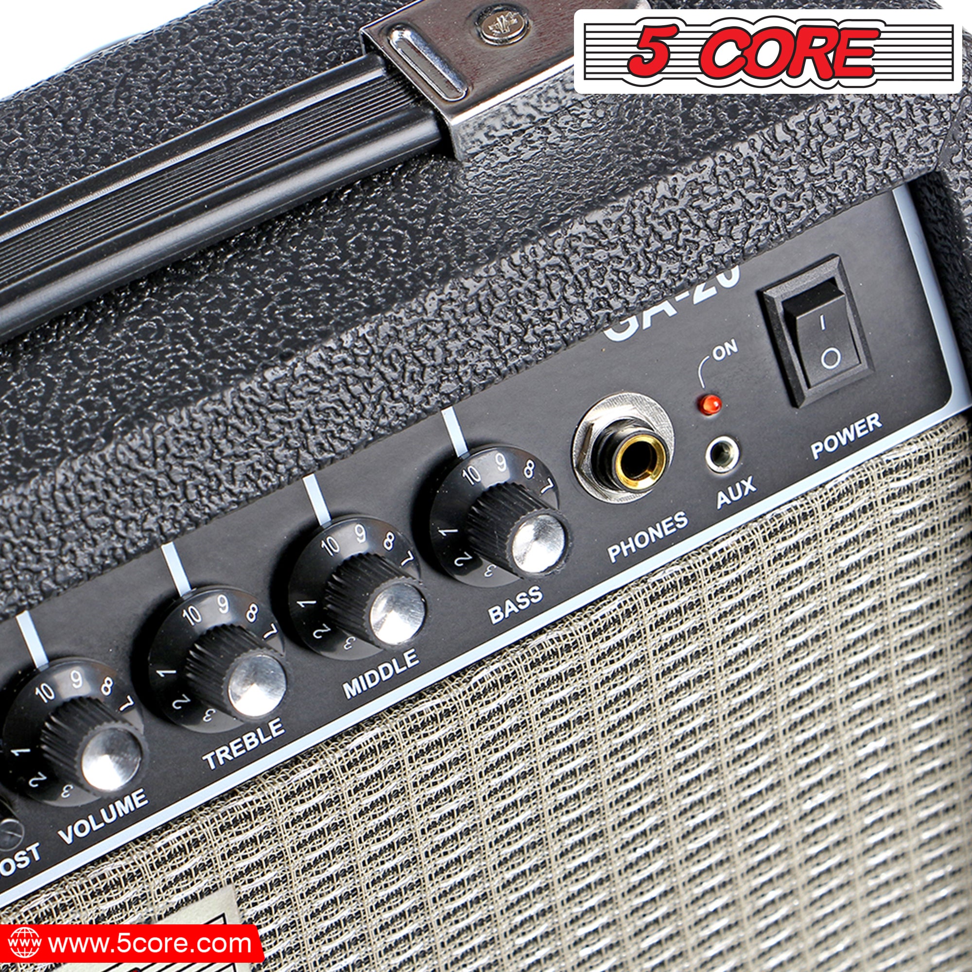 5 Core 20W Bass Guitar Amp showcasing its compact design and integrated controls for electric and acoustic guitars.