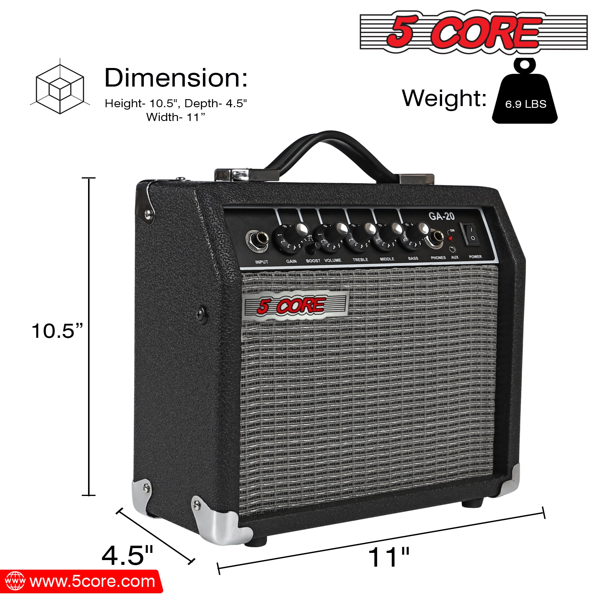 5 Core 20W Bass Guitar Amp showcasing its compact design and integrated controls for electric and acoustic guitars.