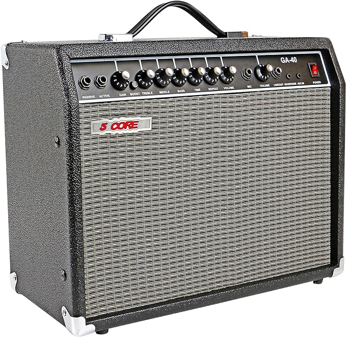 5 Core 40W Guitar Amp with 8-inch speaker, showcasing its sleek black design and multiple input options for versatile sound performance.