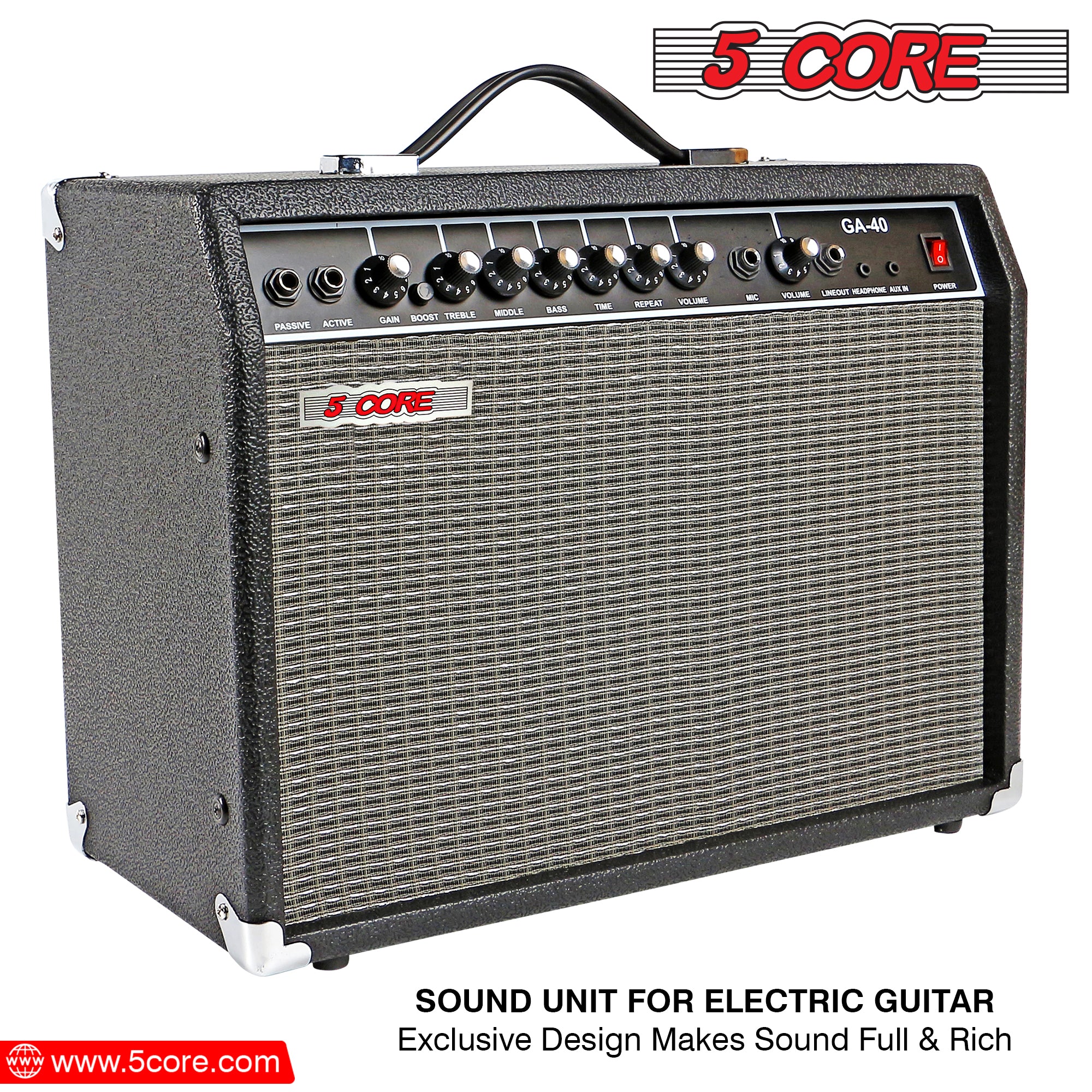 5 Core 40W Guitar Amp with 8-inch speaker, showcasing its sleek black design and multiple input options for versatile sound performance.