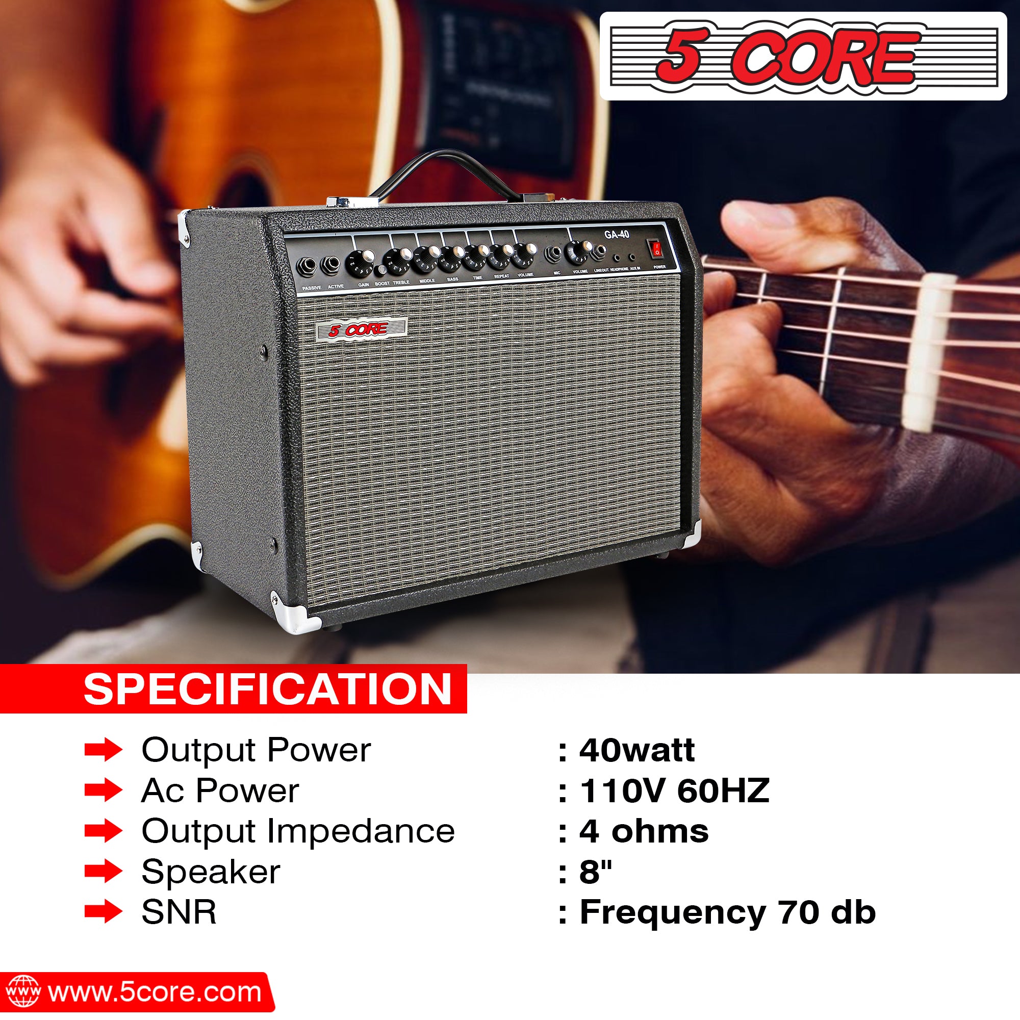 5 Core 40W Guitar Amp with 8-inch speaker, showcasing its sleek black design and multiple input options for versatile sound performance.