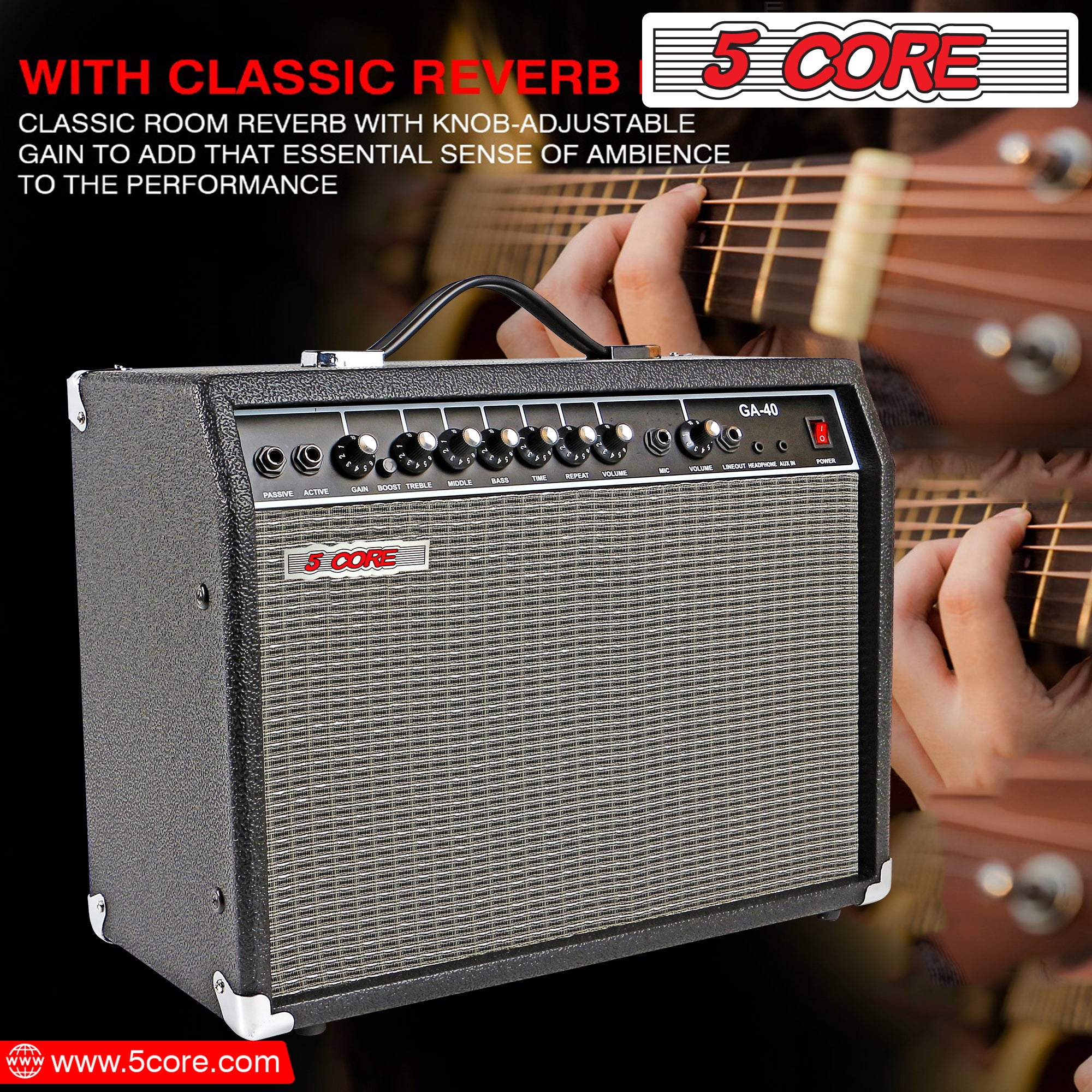 5 Core 40W Guitar Amp with 8-inch speaker, showcasing its sleek black design and multiple input options for versatile sound performance.