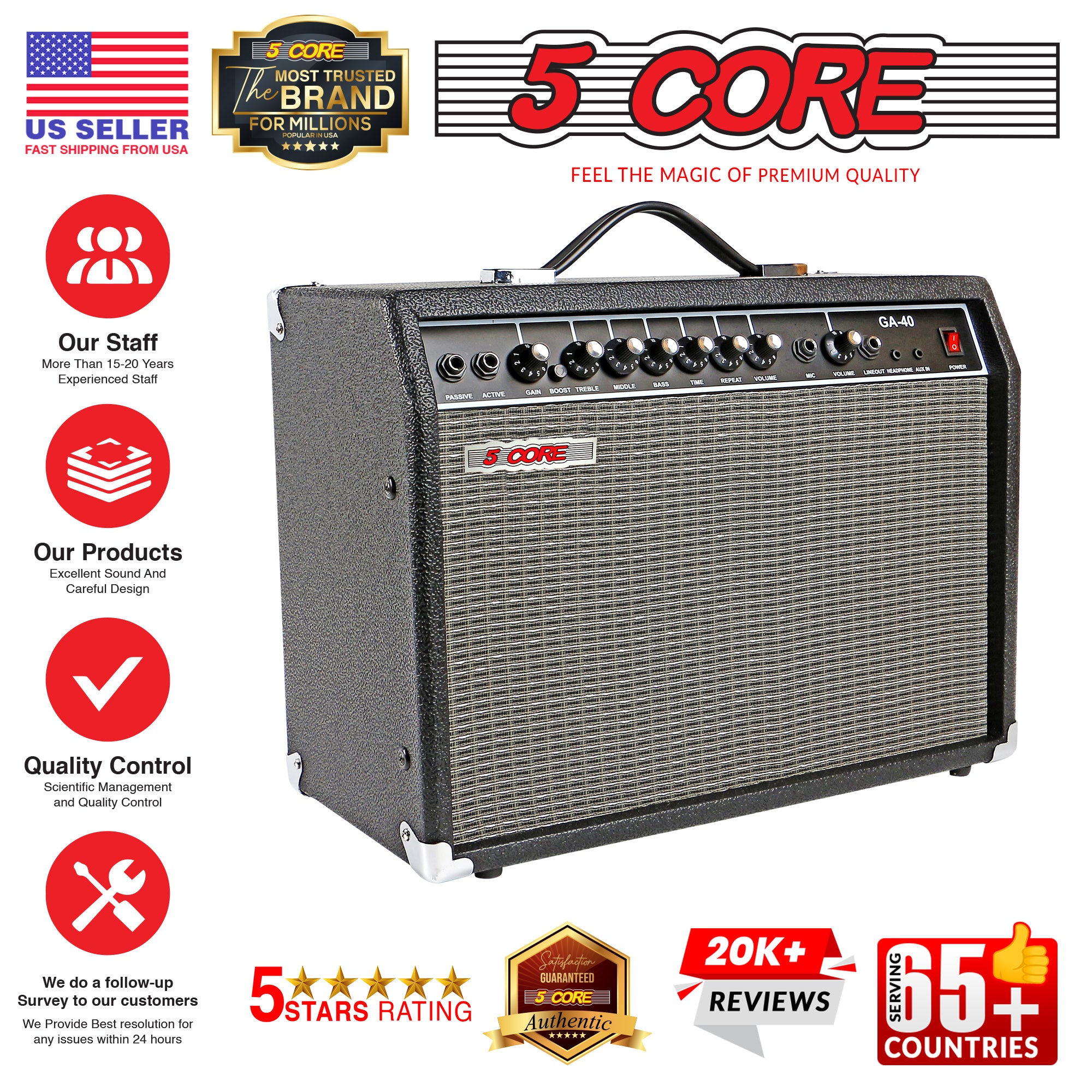 5 Core 40W Guitar Amp with 8-inch speaker, showcasing its sleek black design and multiple input options for versatile sound performance.