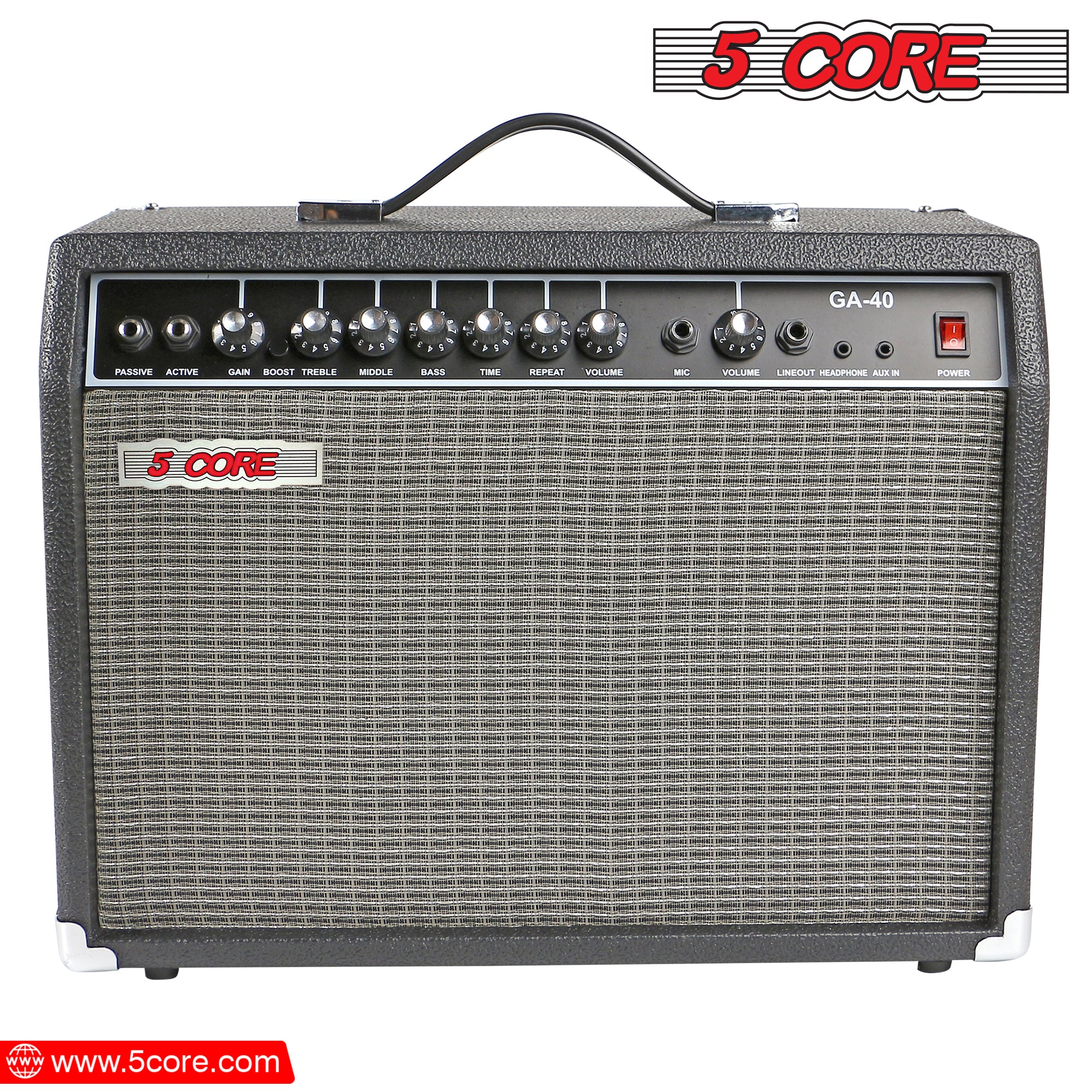 5 Core 40W Guitar Amp with 8-inch speaker, showcasing its sleek black design and multiple input options for versatile sound performance.