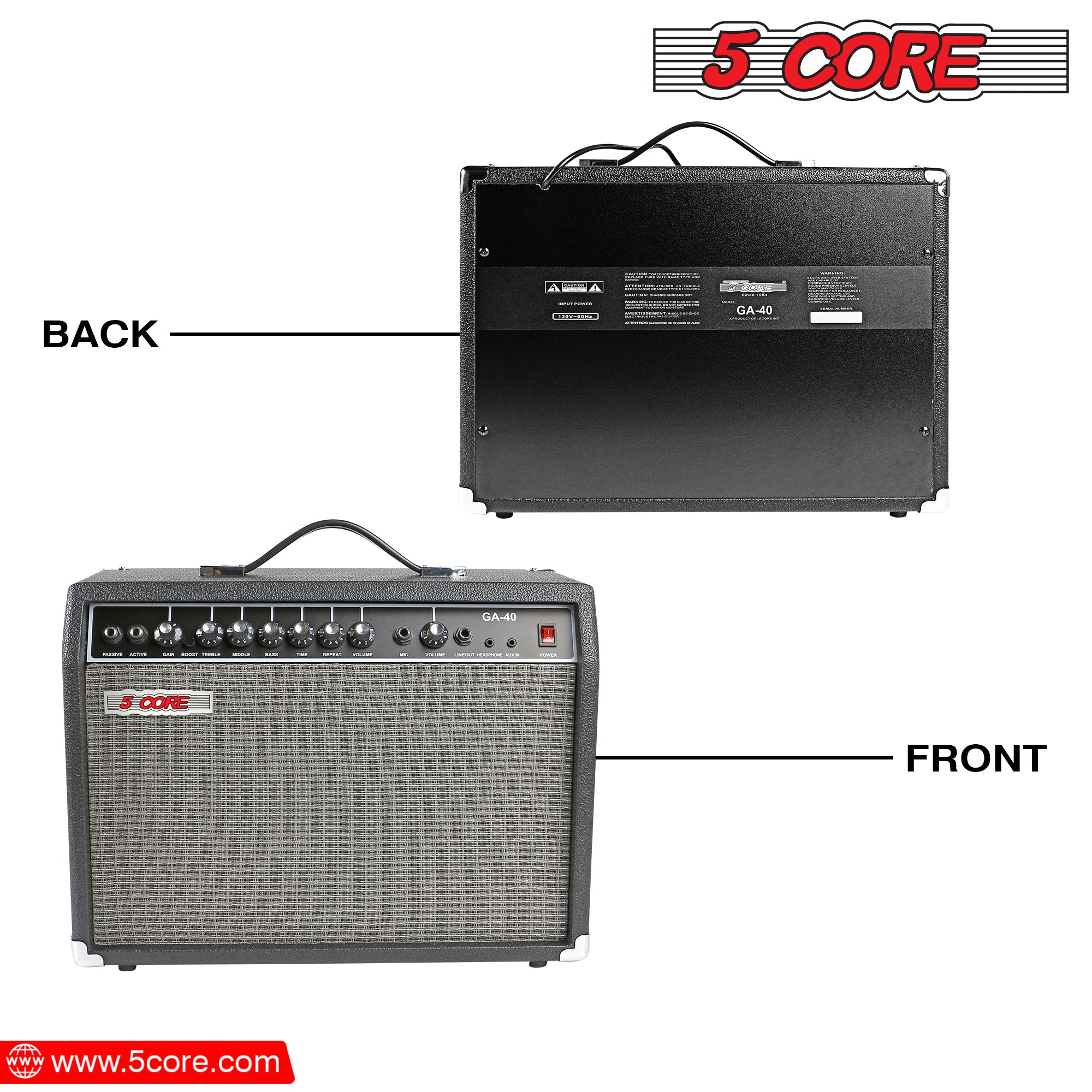 5 Core 40W Guitar Amp with 8-inch speaker, showcasing its sleek black design and multiple input options for versatile sound performance.