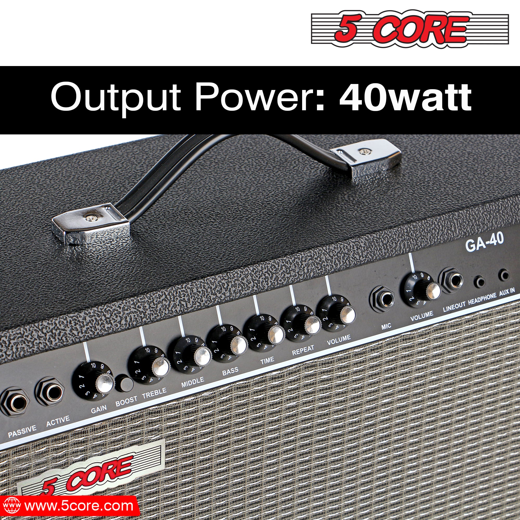 5 Core 40W Guitar Amp with 8-inch speaker, showcasing its sleek black design and multiple input options for versatile sound performance.