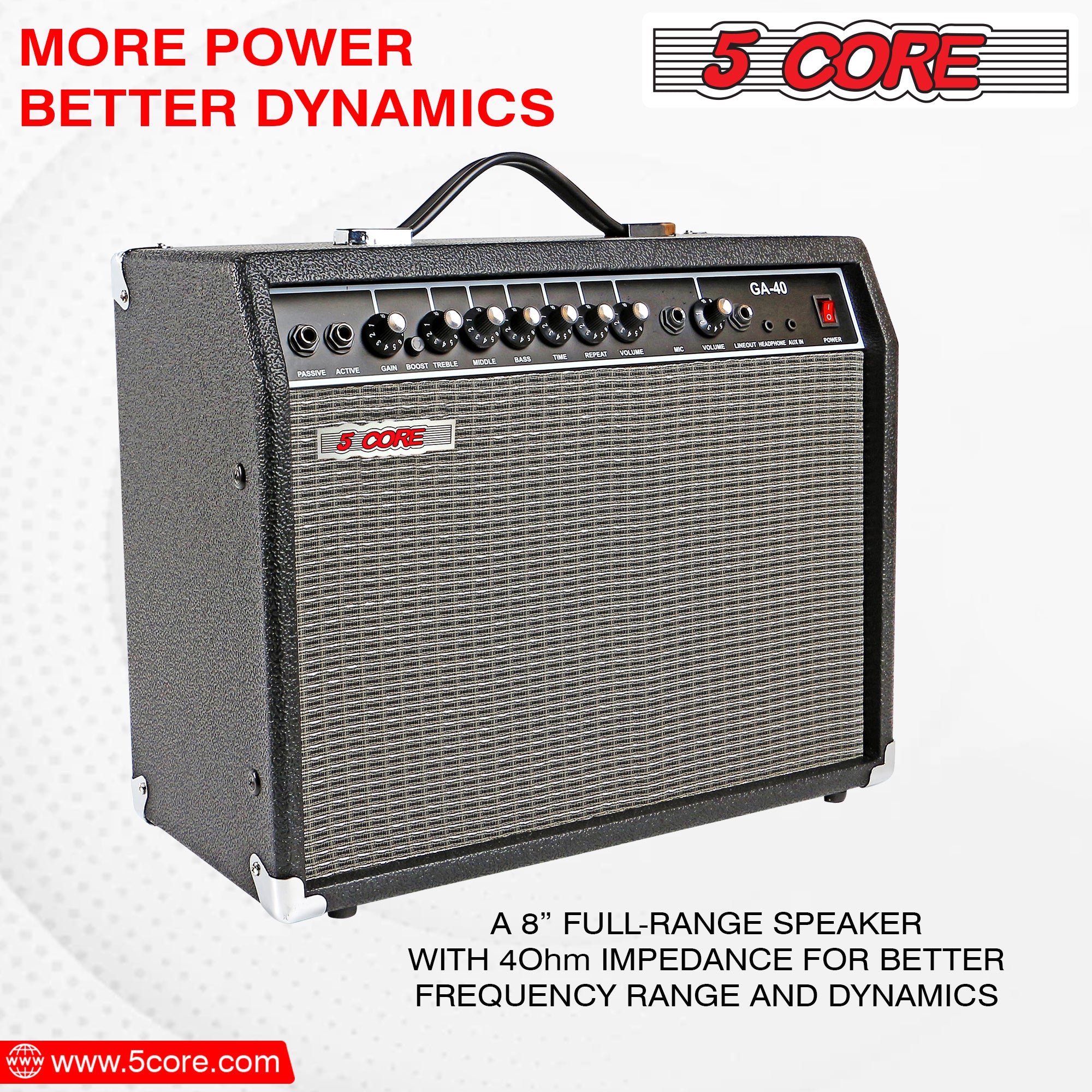 5 Core 40W Guitar Amp with 8-inch speaker, showcasing its sleek black design and multiple input options for versatile sound performance.