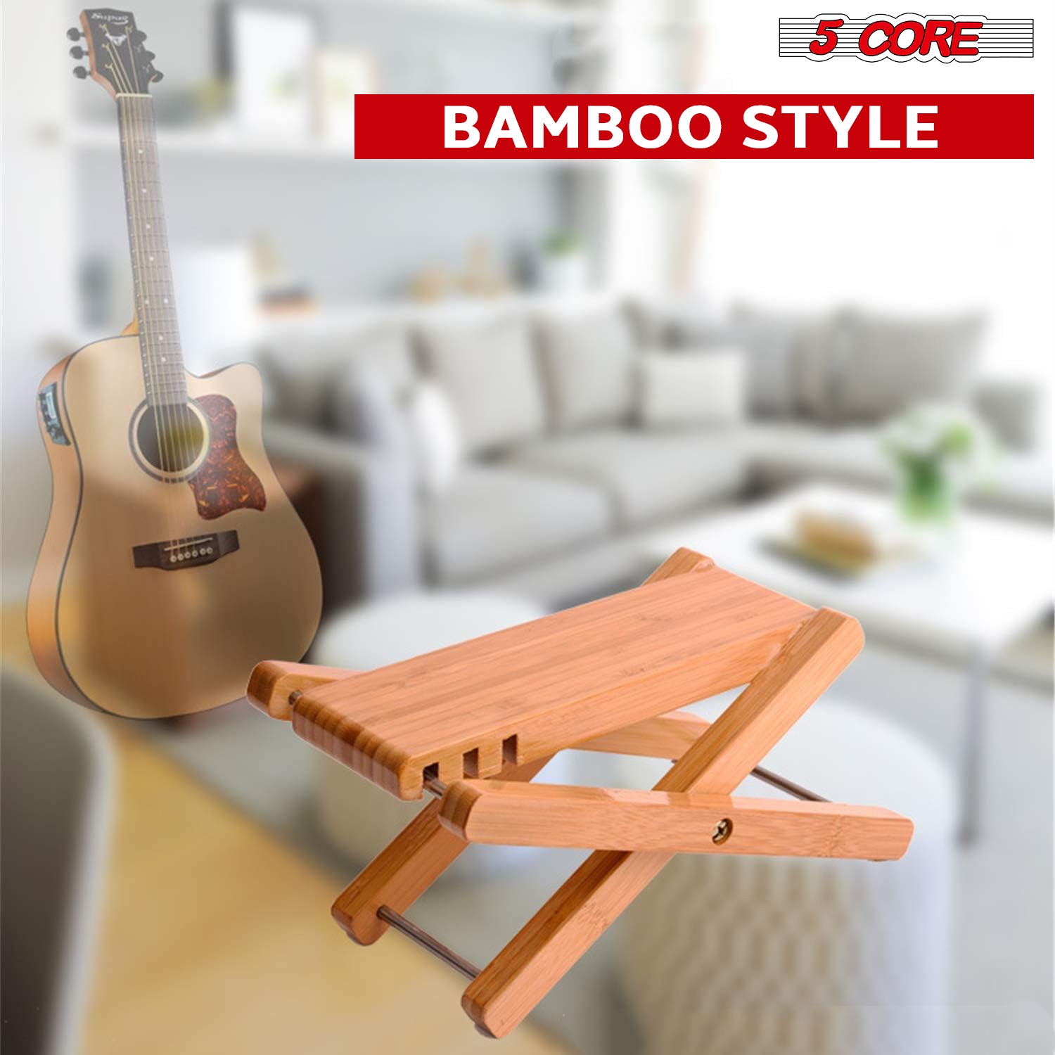 5 Core Guitar Foot Stool, a wooden adjustable footrest with 6 height levels, designed for stability and comfort during guitar performances.