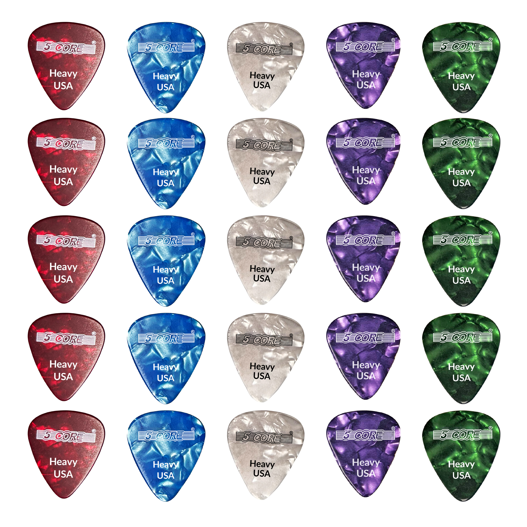 A colorful assortment of 5 Core guitar picks, showcasing their heavy 0.96mm thickness and premium celluloid material, perfect for musicians.