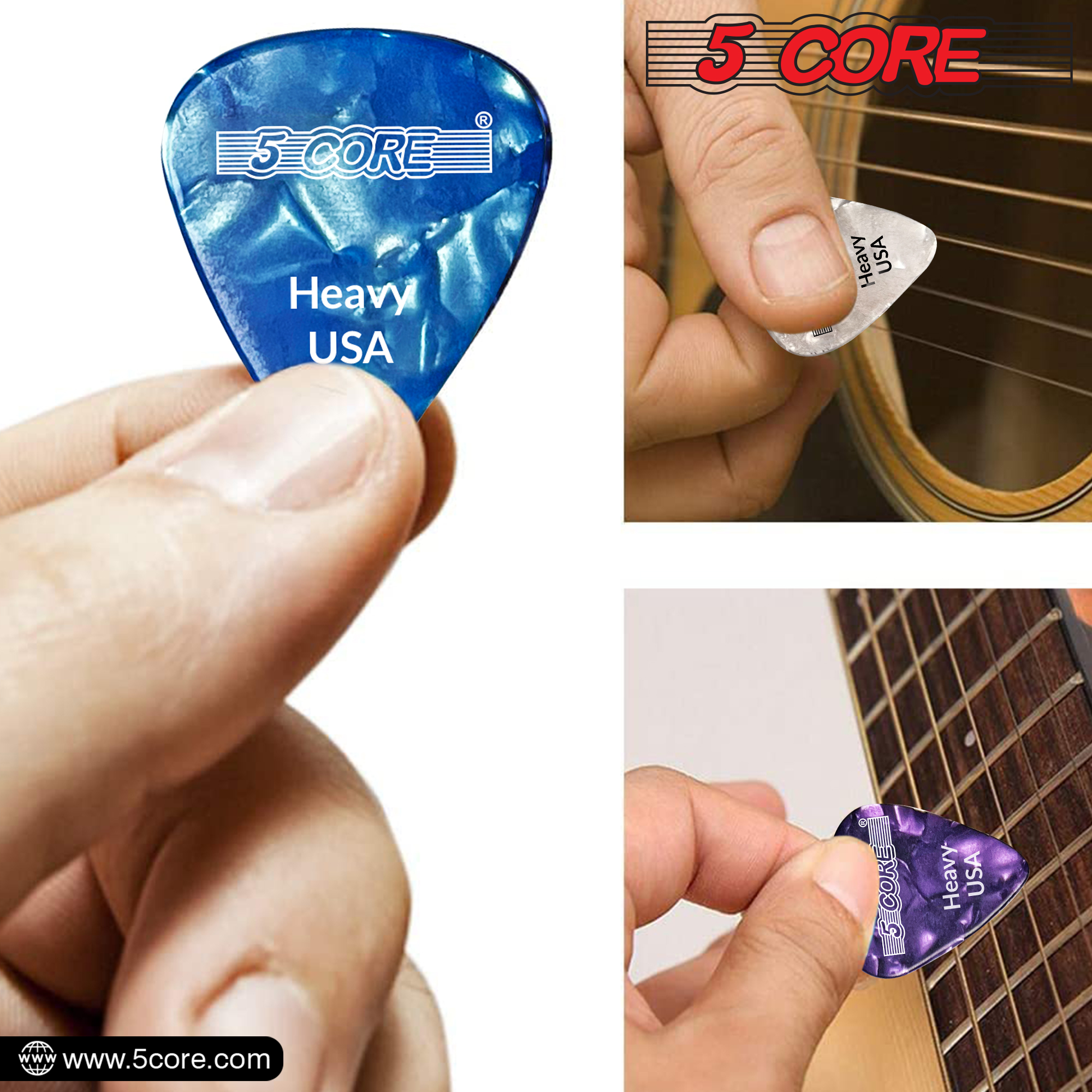 A colorful assortment of 5 Core guitar picks, showcasing their heavy 0.96mm thickness and premium celluloid material, perfect for musicians.