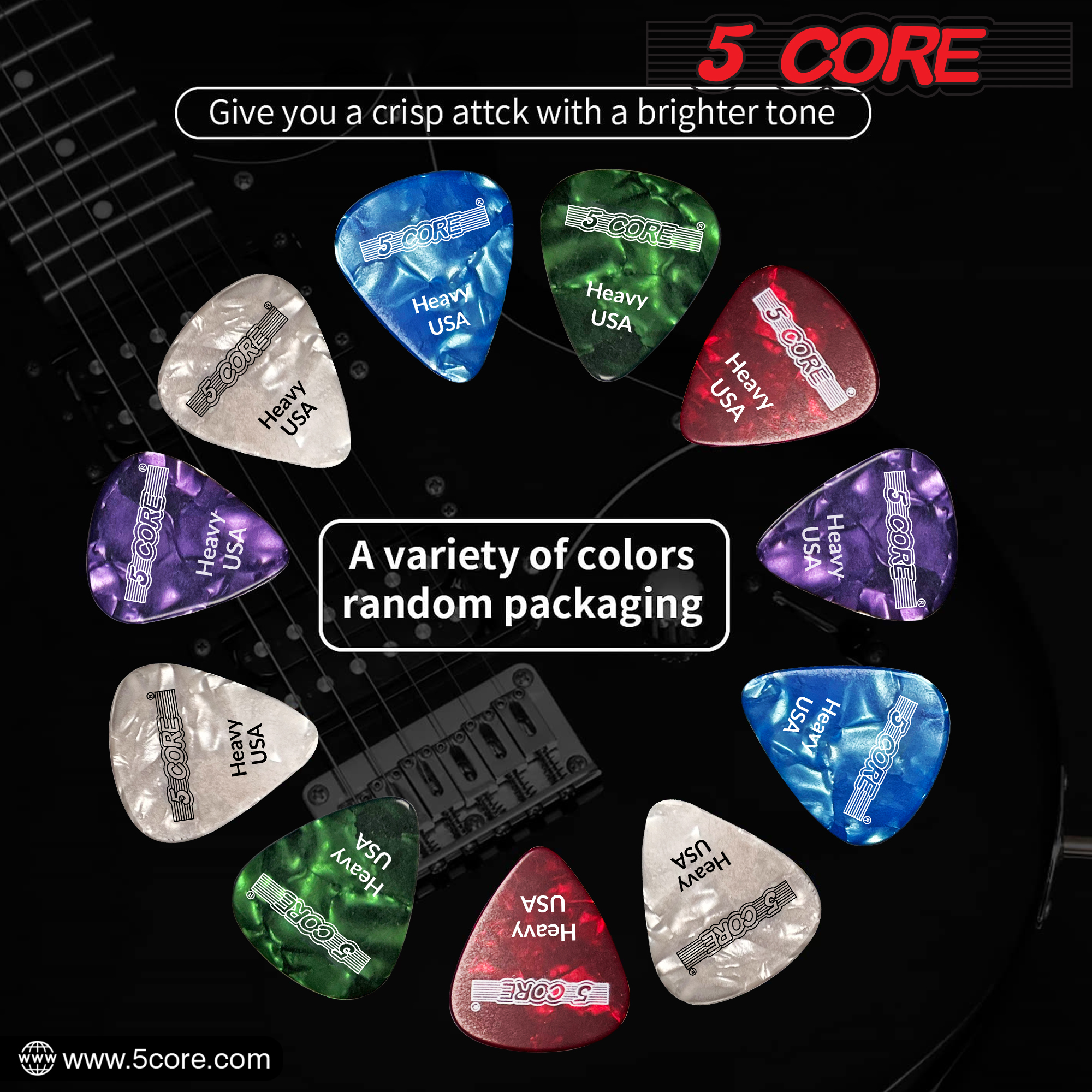 A colorful assortment of 5 Core guitar picks, showcasing their heavy 0.96mm thickness and premium celluloid material, perfect for musicians.