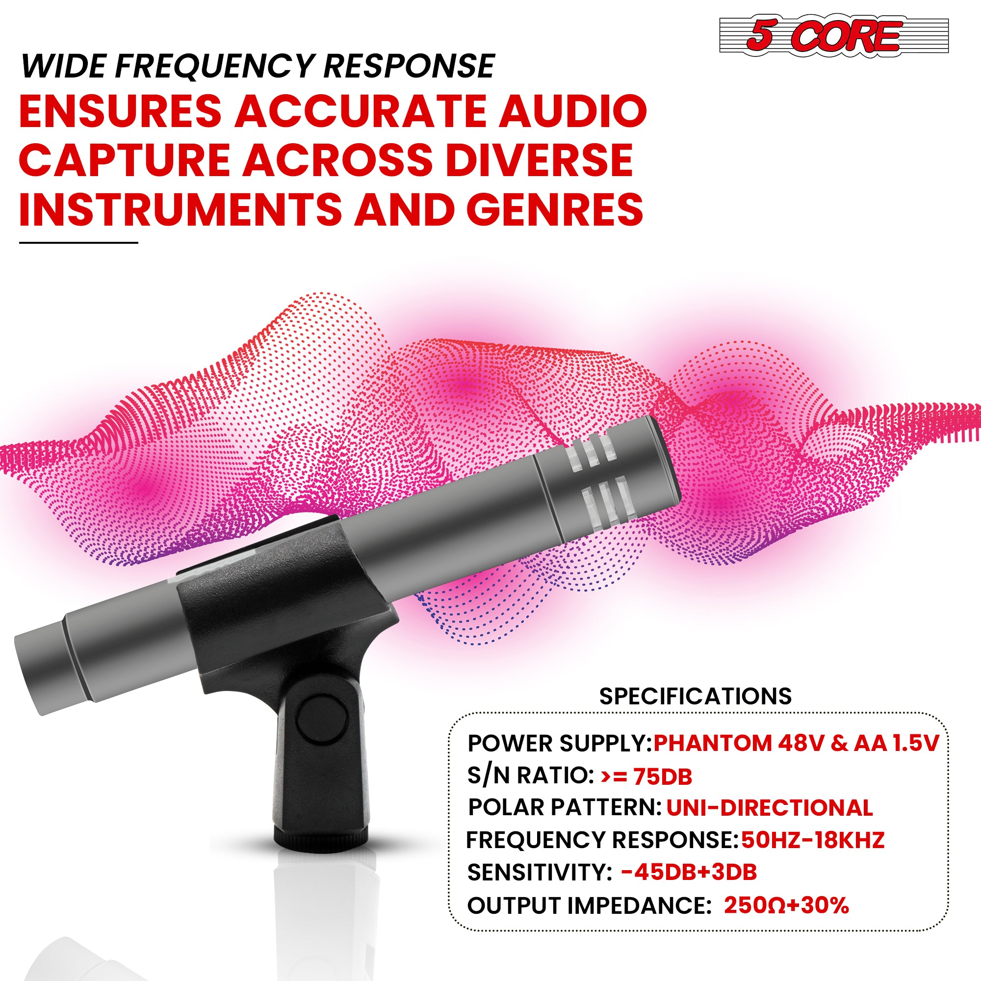 5 Core Instrument Microphone, a professional pencil condenser XLR mic with rugged metal construction, designed for high-quality audio recording.