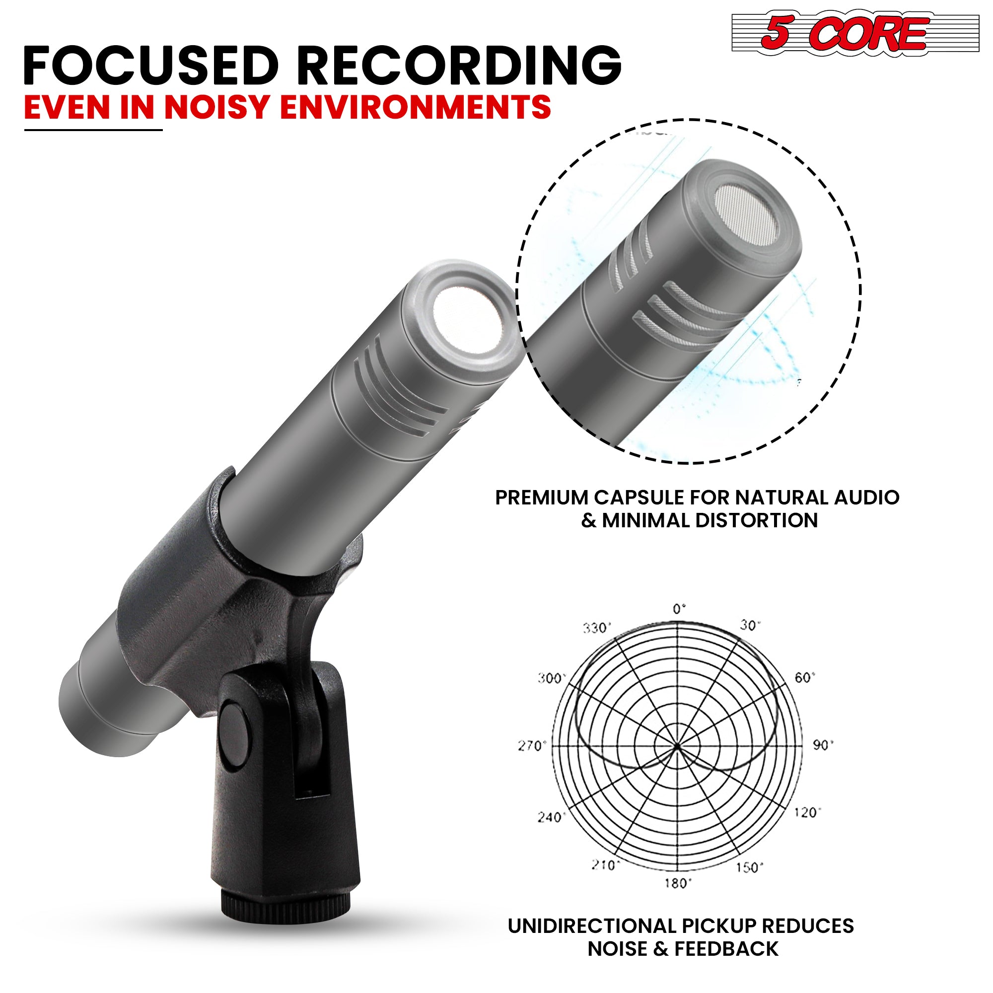 5 Core Instrument Microphone, a professional pencil condenser XLR mic with rugged metal construction, designed for high-quality audio recording.