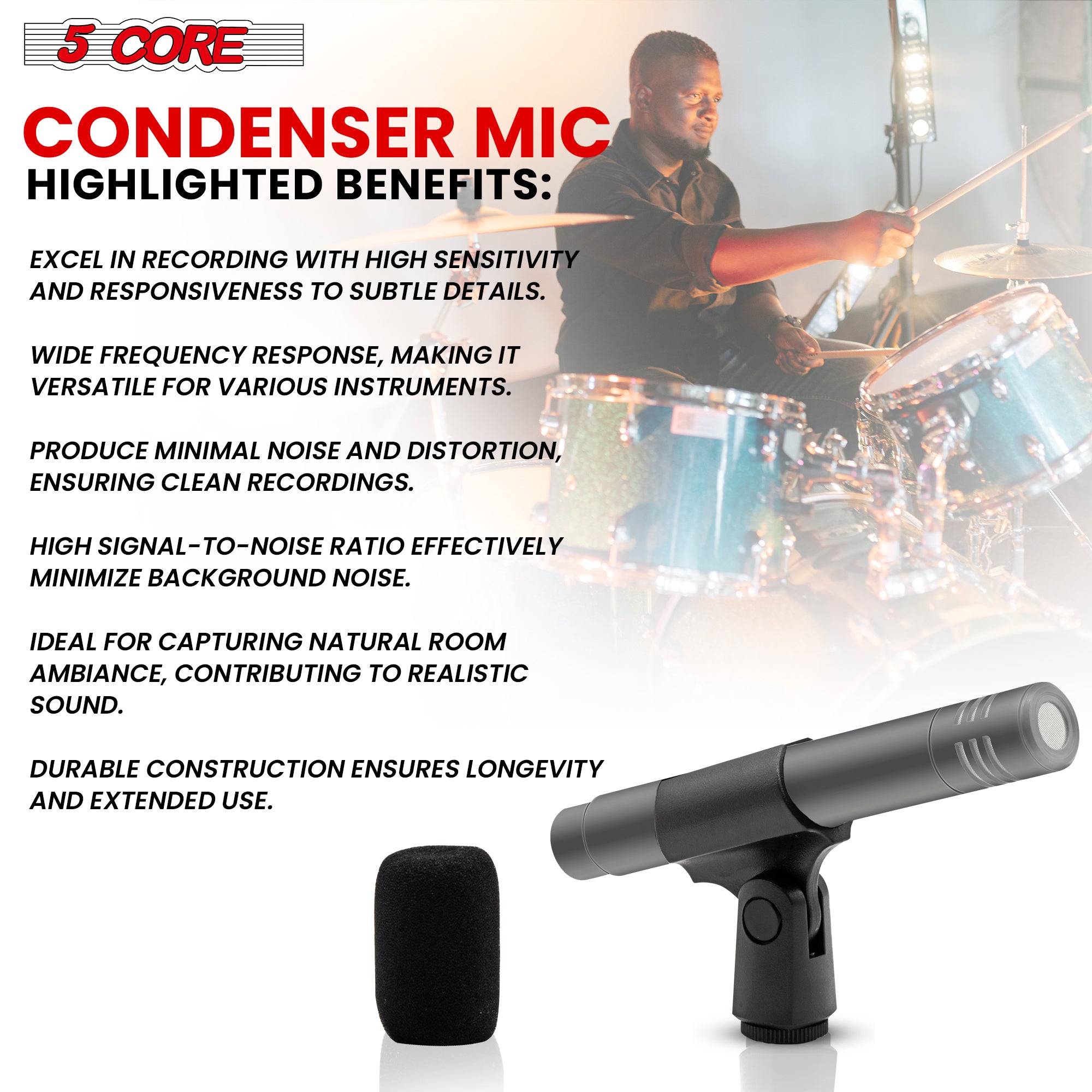 5 Core Instrument Microphone, a professional pencil condenser XLR mic with rugged metal construction, designed for high-quality audio recording.