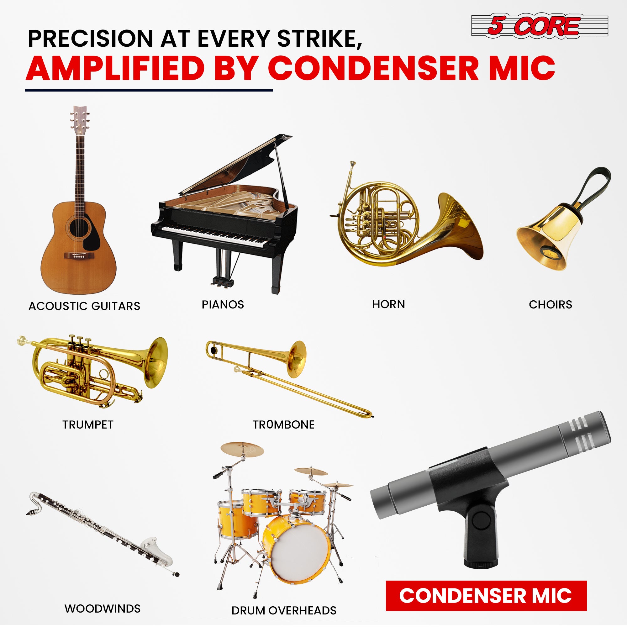 5 Core Instrument Microphone, a professional pencil condenser XLR mic with rugged metal construction, designed for high-quality audio recording.