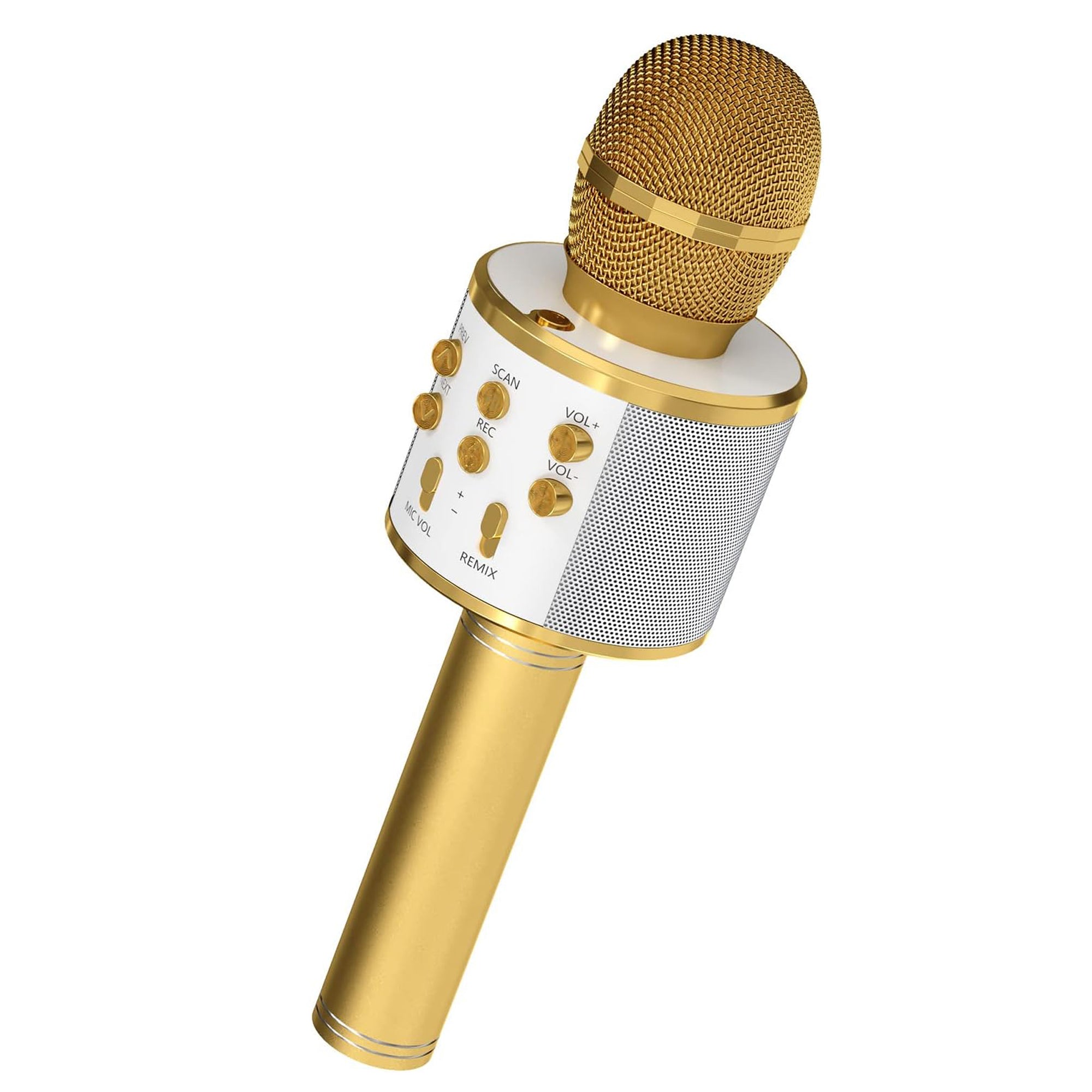 5 Core Karaoke Wireless Microphone in gold color, showcasing its sleek design and features for singing and entertainment.